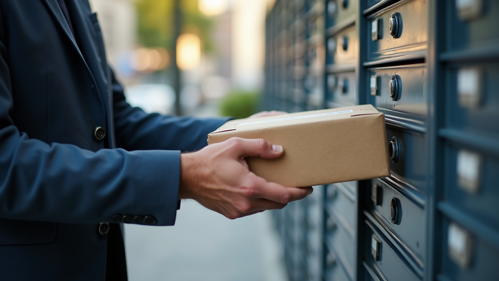 Close-up view of a mail package being handed over at a mailbox service center