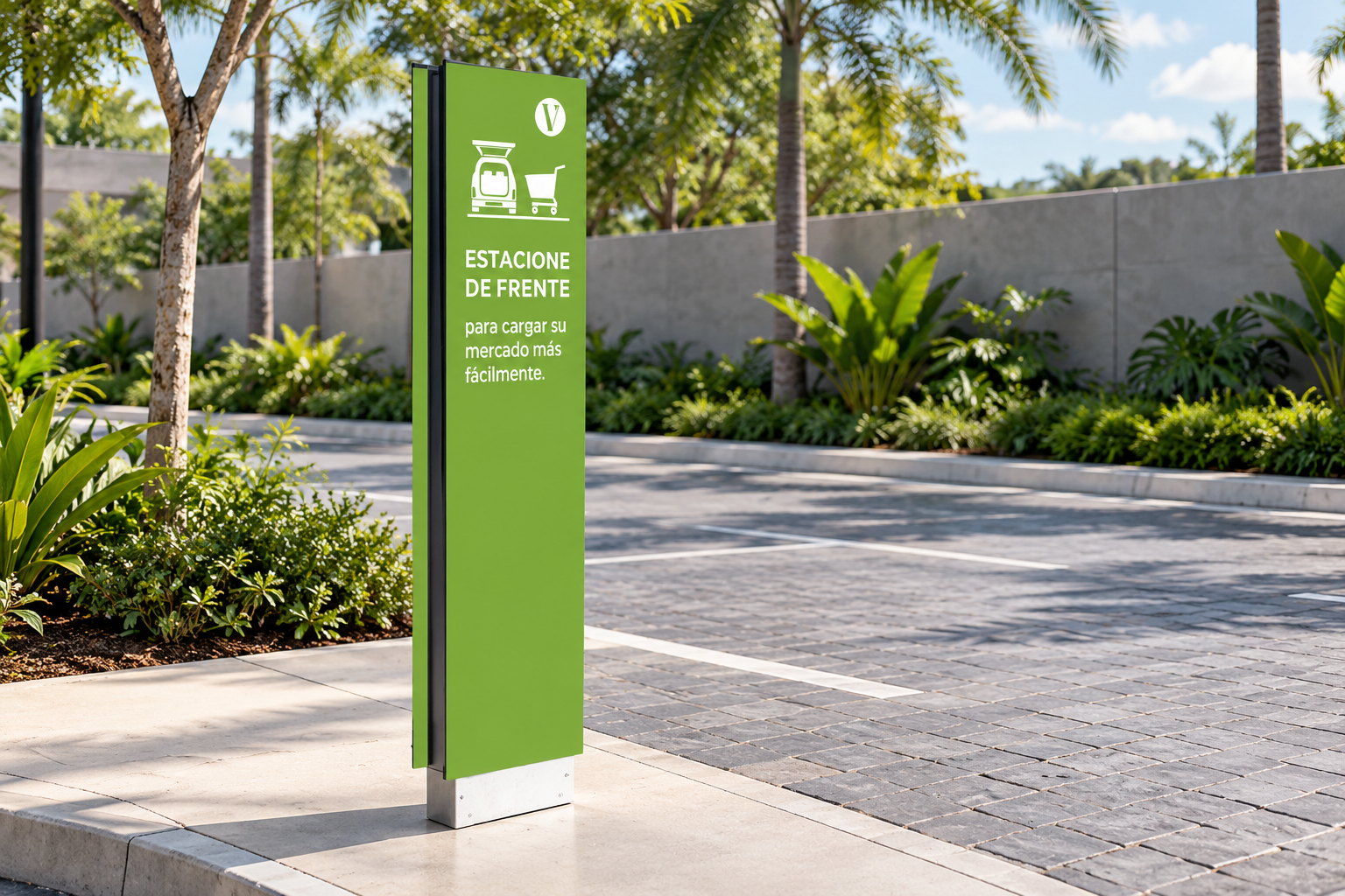 Tótem verde exterior de Vergel Plaza con identificación de estaciones