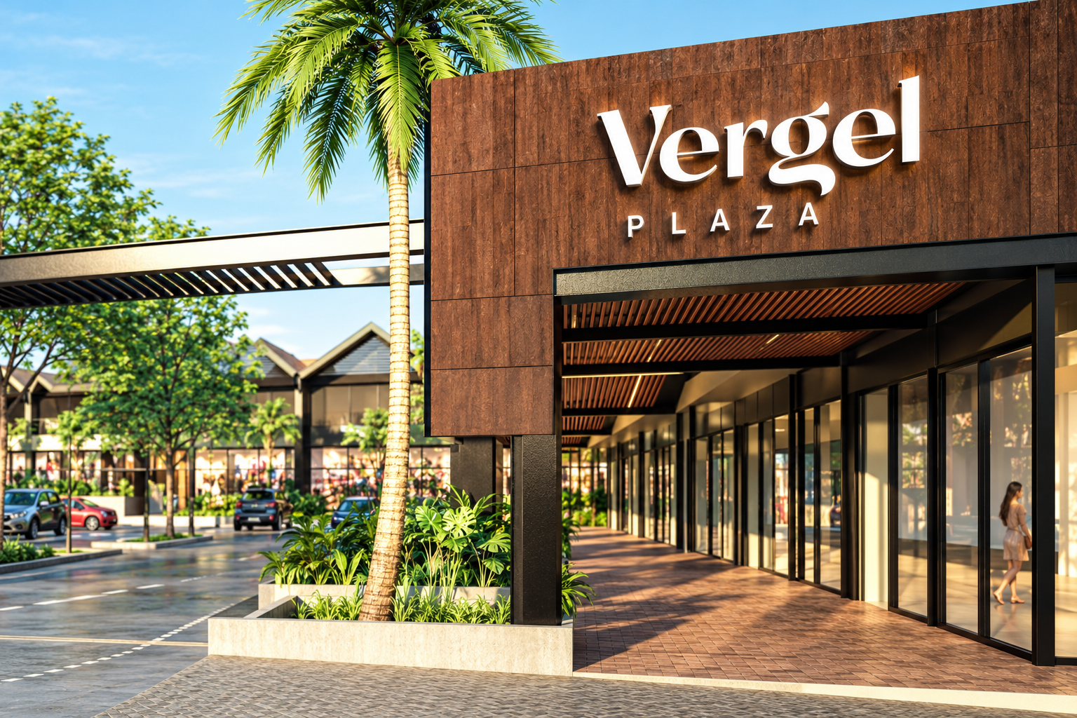 Fachada de Vergel Plaza con logotipo e ingreso en entorno comercial