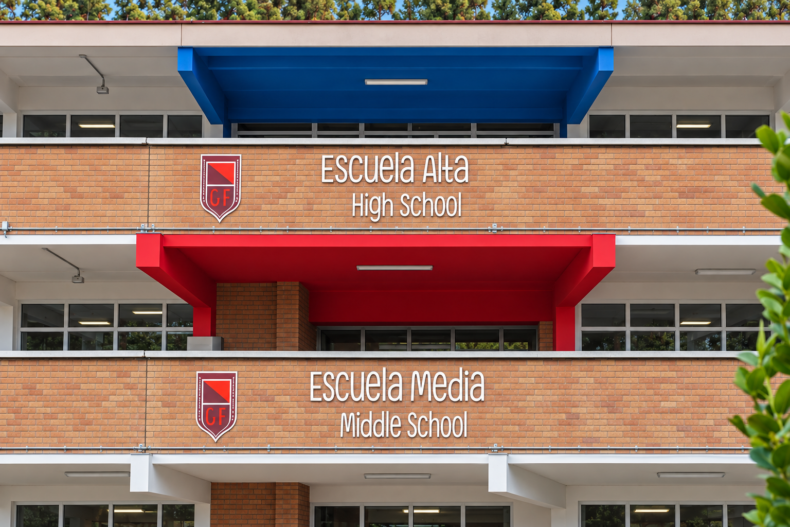 Fachada de edificio del Gimnasio Femenino e información de orientación