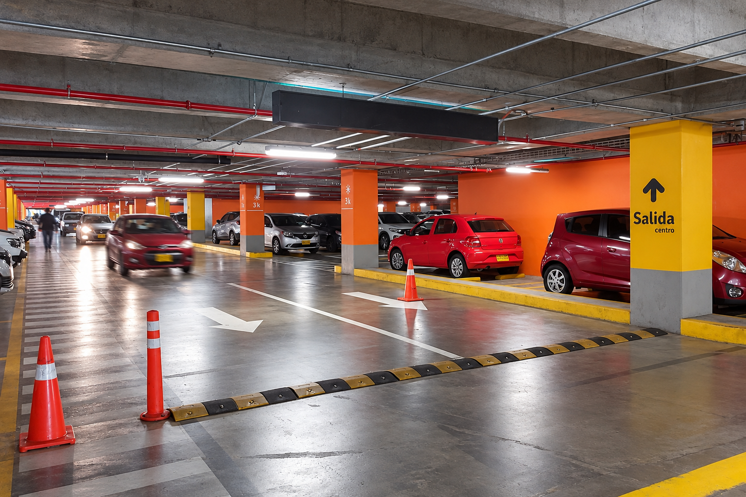 Parqueadero de Mallplaza Manizales con columnas de colores y señalización de salida