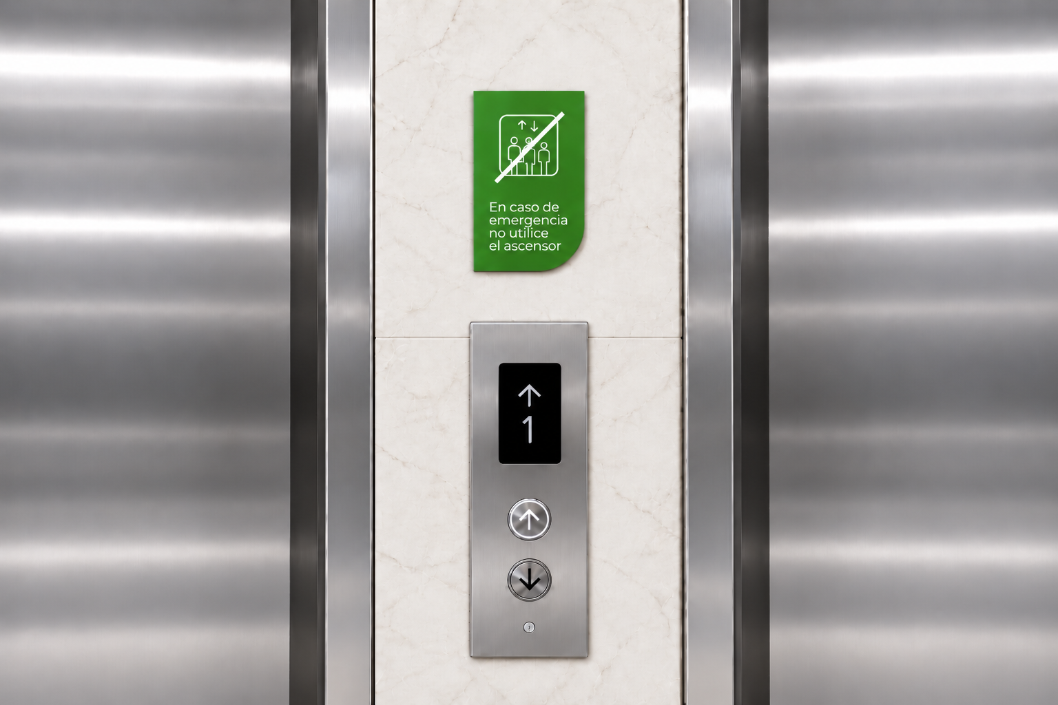 Señal verde de orientación e información junto a un ascensor de Vergel Plaza