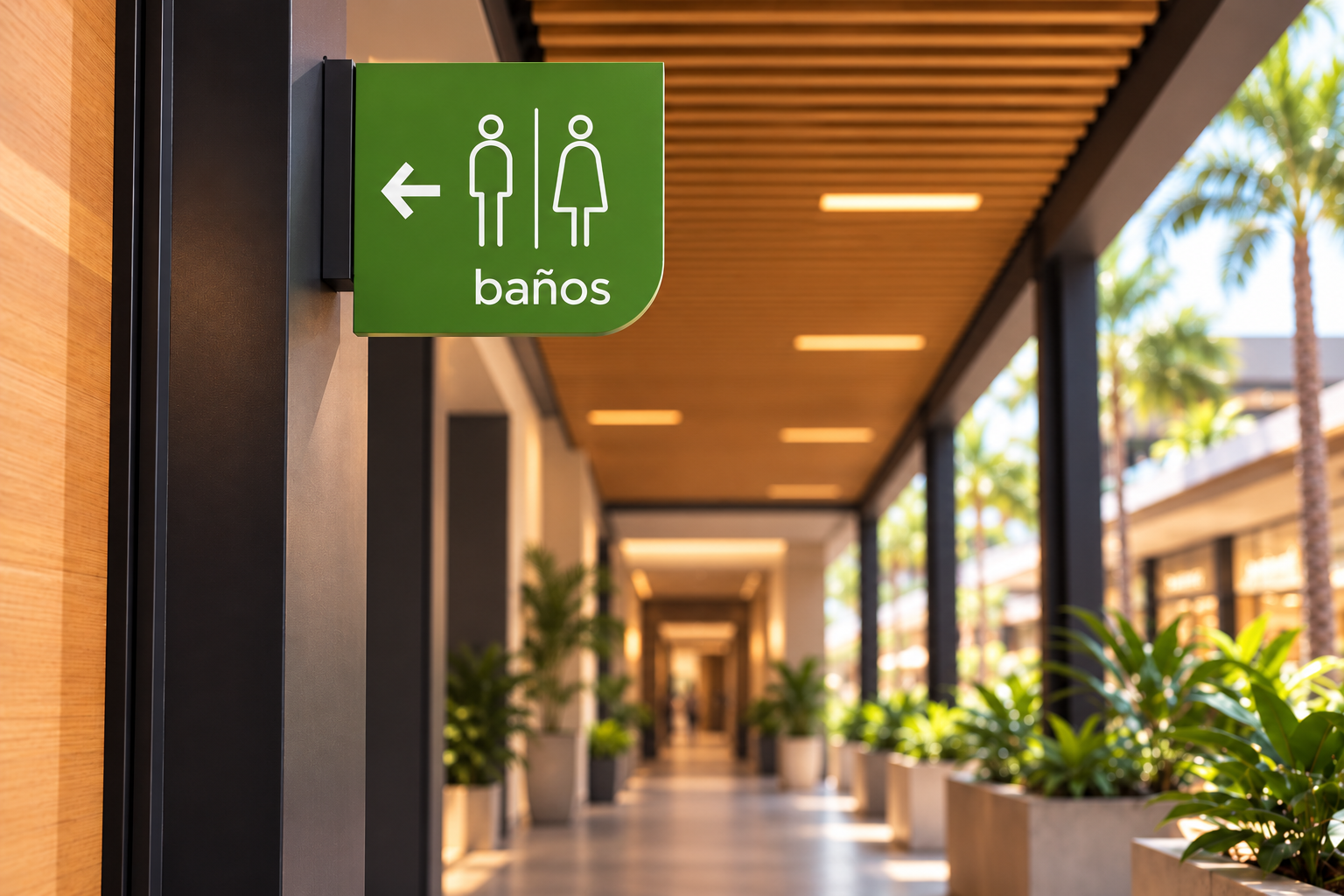 Señal de baños verde suspendida en un corredor de Vergel Plaza