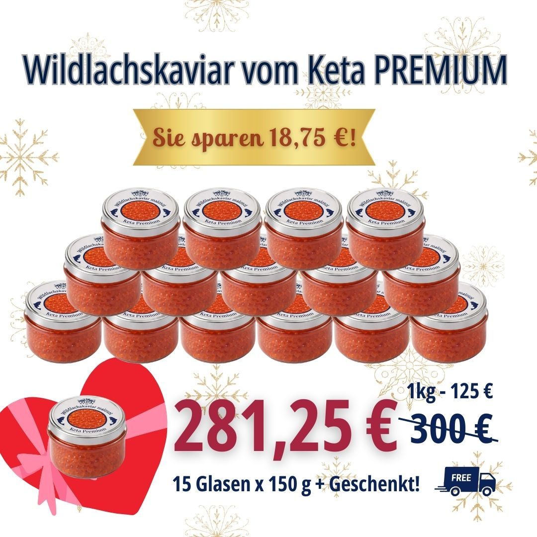 Wildlachskaviar vom Keta PREMIUM 15 x 150g (125 €/kg)
