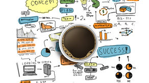 Hand-drawn illustration of a brainstorming board with business ideas and a coffee cup, representing the planning phase of starting a side hustle