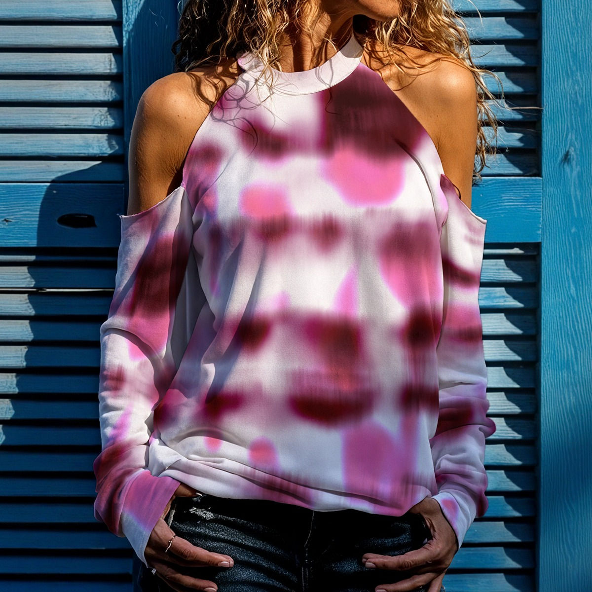 Women's Cold Shoulder Sweatshirt - Tie Dye Design