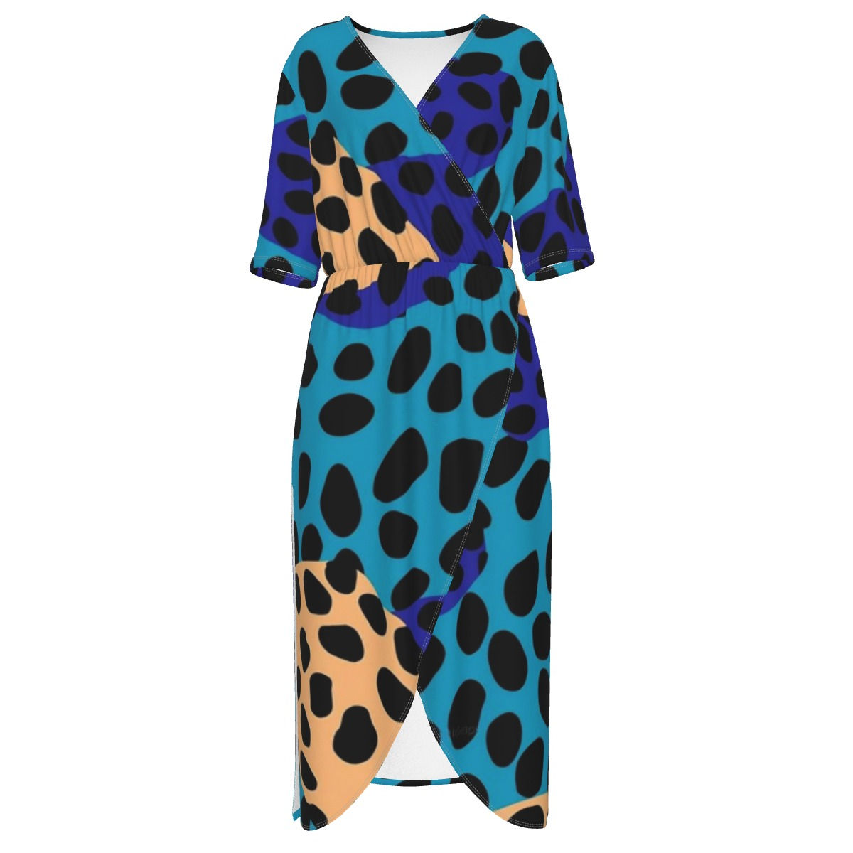 Women's Short Sleeve V-neck Dress - Leopard Design
