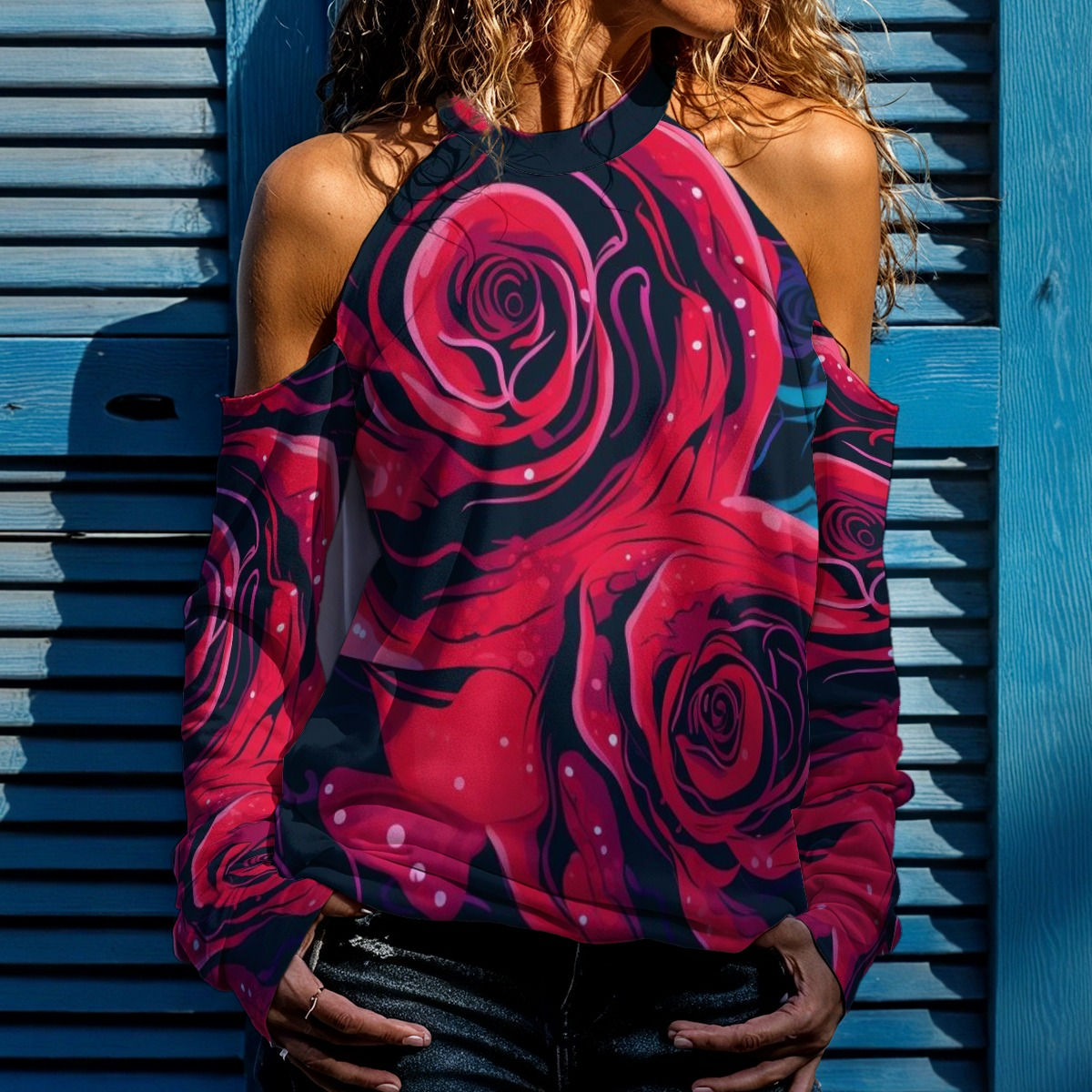 Women's Cold Shoulder Sweatshirt - Rose Design