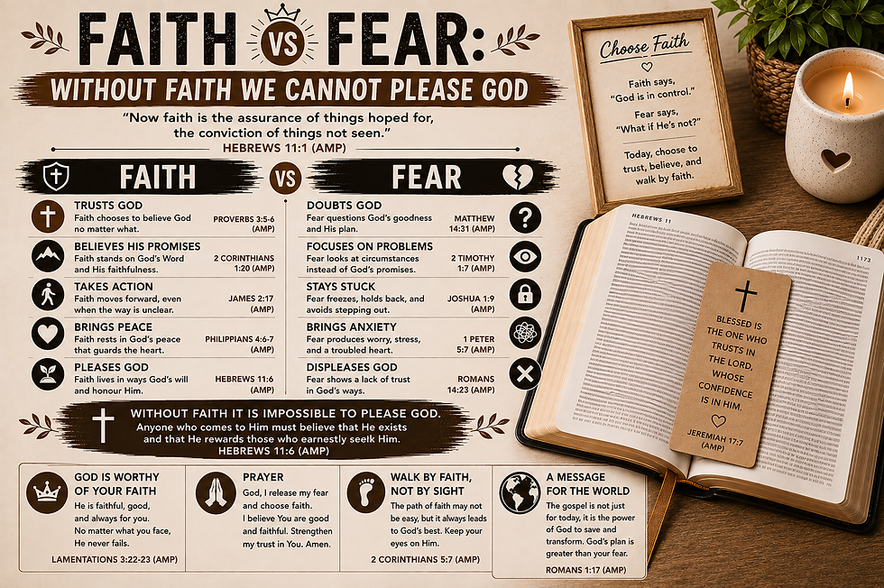 Christian faith vs fear poster beside open Bible, framed Choose Faith sign, lit candle, and plant on a wooden table.