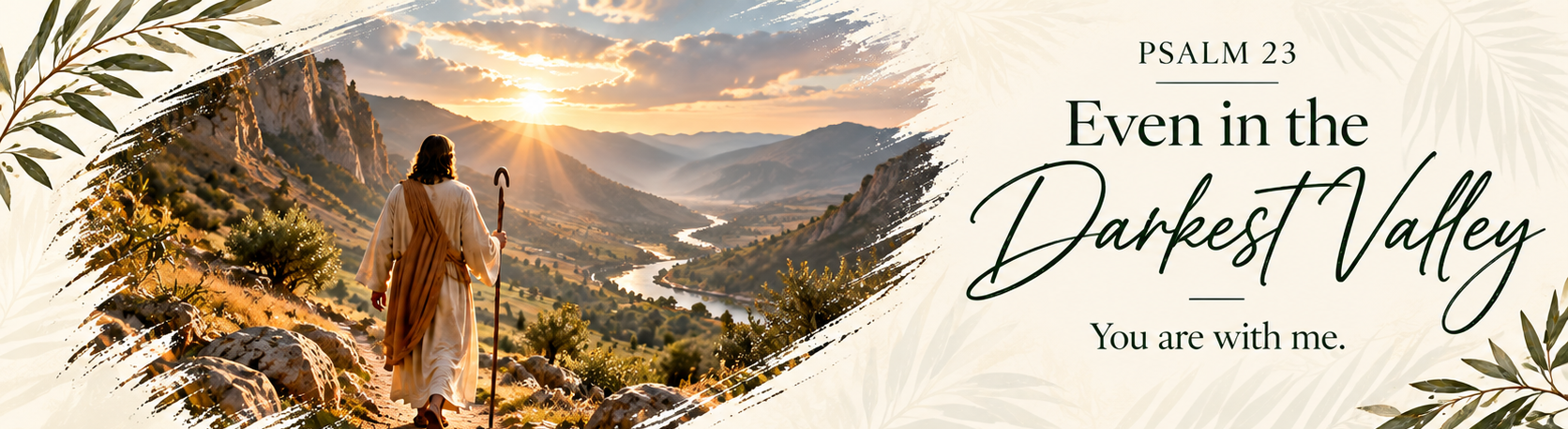 Christian Psalm 23 poster: a shepherd walks at sunrise over a valley; bread, grapes and a cup on a table beside text.