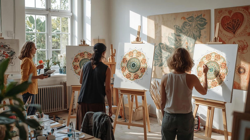 imagina una imagen taller de tardes de mandalas, 3 personas en un taller atelier pintando