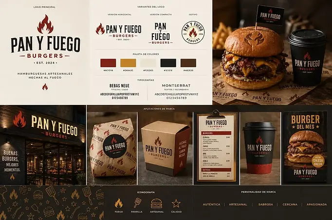 Brand identity design for Pan y Fuego Burgers — logo and packaging