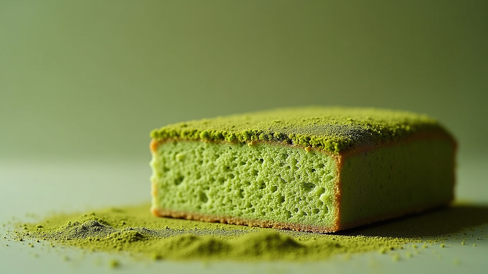Gros plan sur un gâteau au matcha avec une texture moelleuse et une couleur verte éclatante