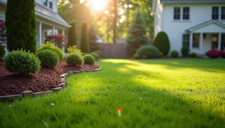 Eye-level view of a well-maintained green lawn with fresh mulch beds in a Lancaster OH backyard