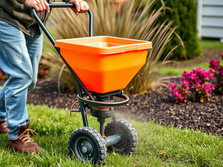 Orange push spreader applying spring fertilizer to Central Ohio lawn