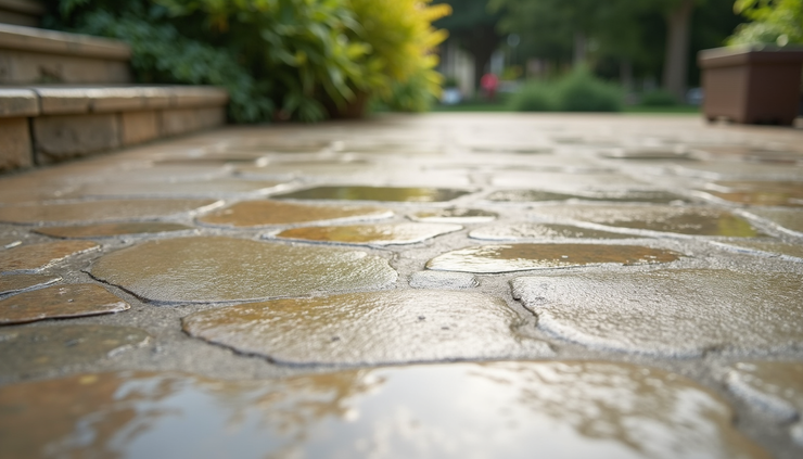 High angle view of a clean stone patio after pressure washing