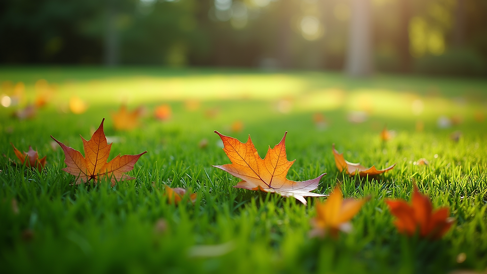 Close-up view of freshly mowed lawn with scattered leaves