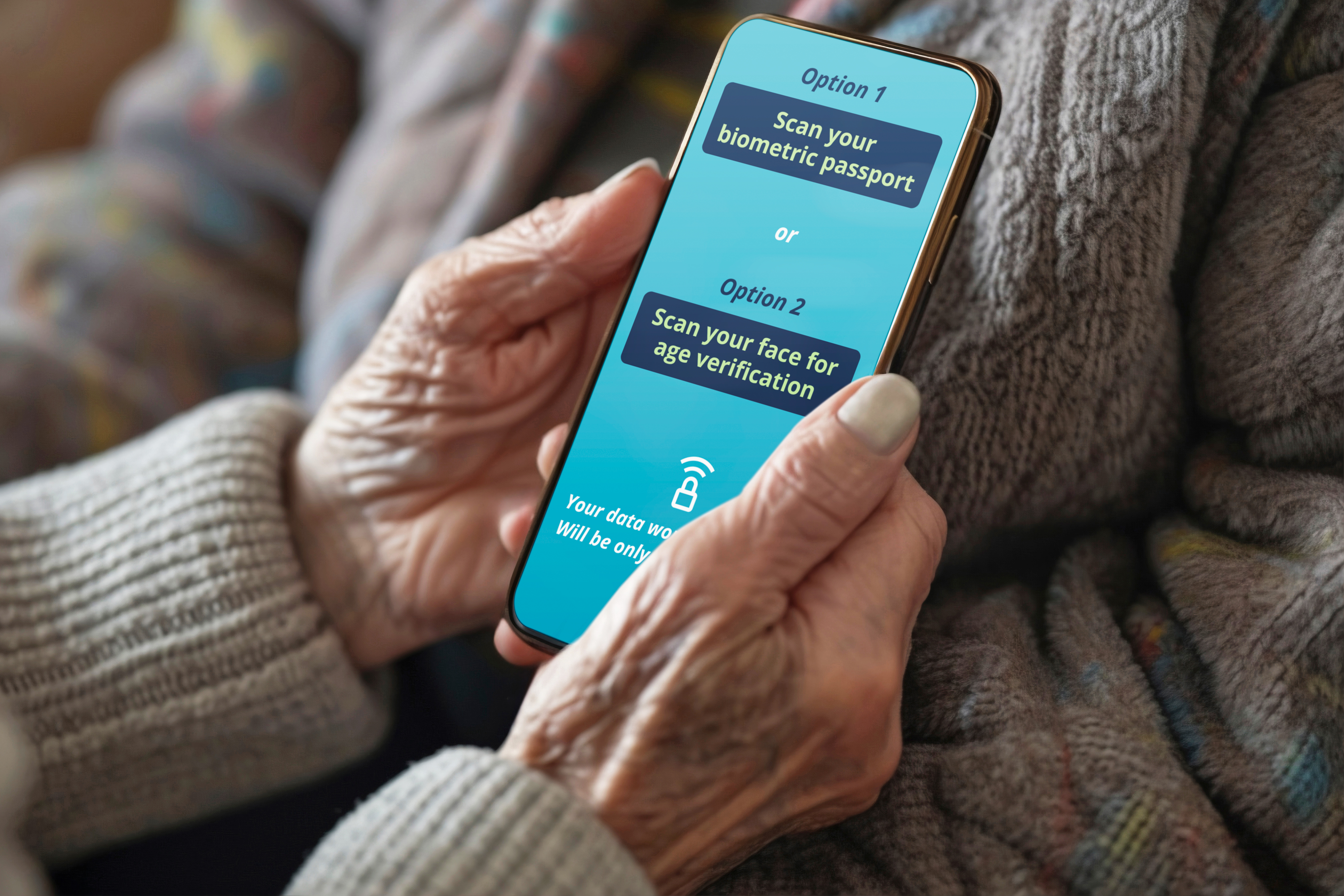 Older person holding a phone showing two verification options: scan your biometric passport, or scan your face for age verification