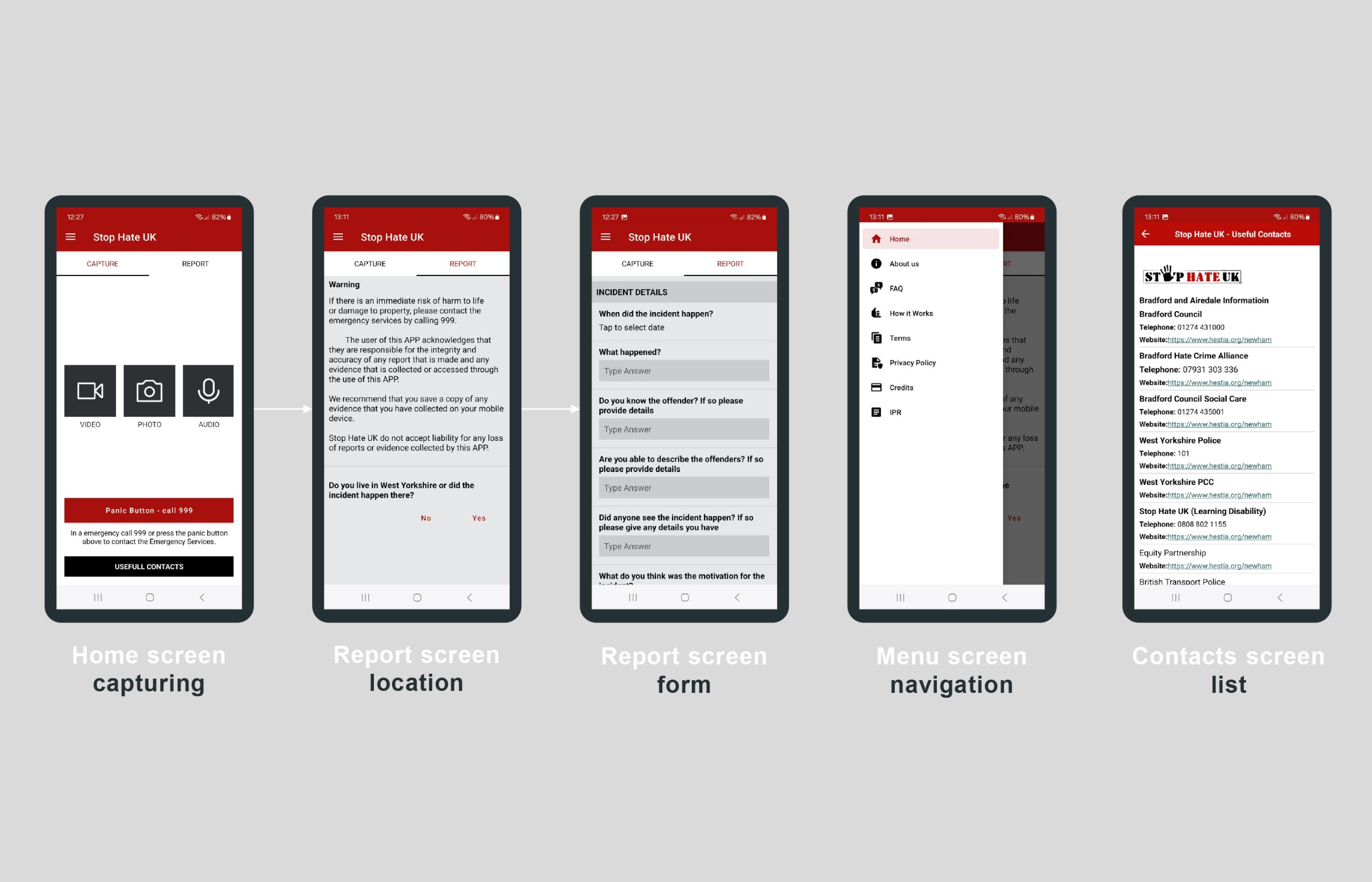 Previous Stop Hate UK app: home capture screen, location warning, long report form, menu and contacts list
