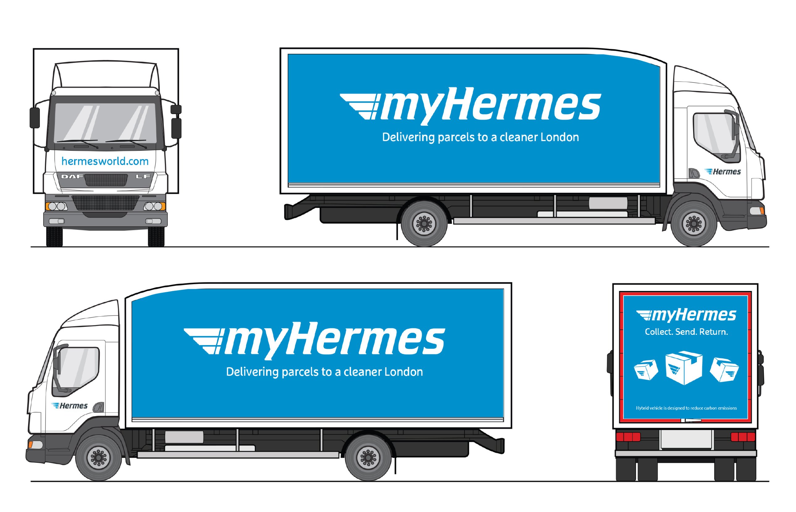 myHermes truck livery from front, both sides and back: Delivering parcels to a cleaner London