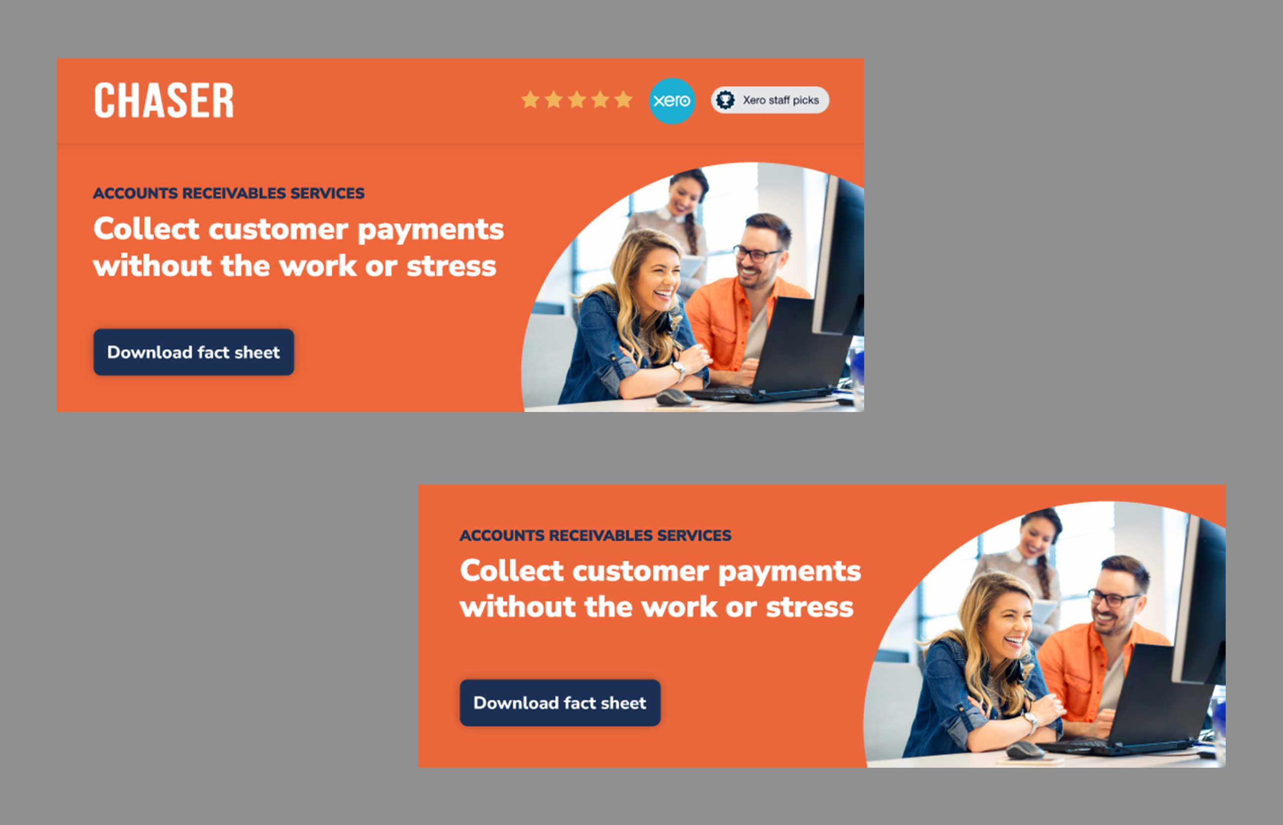 Two Chaser web banners: Collect customer payments without the work or stress, with Download fact sheet button