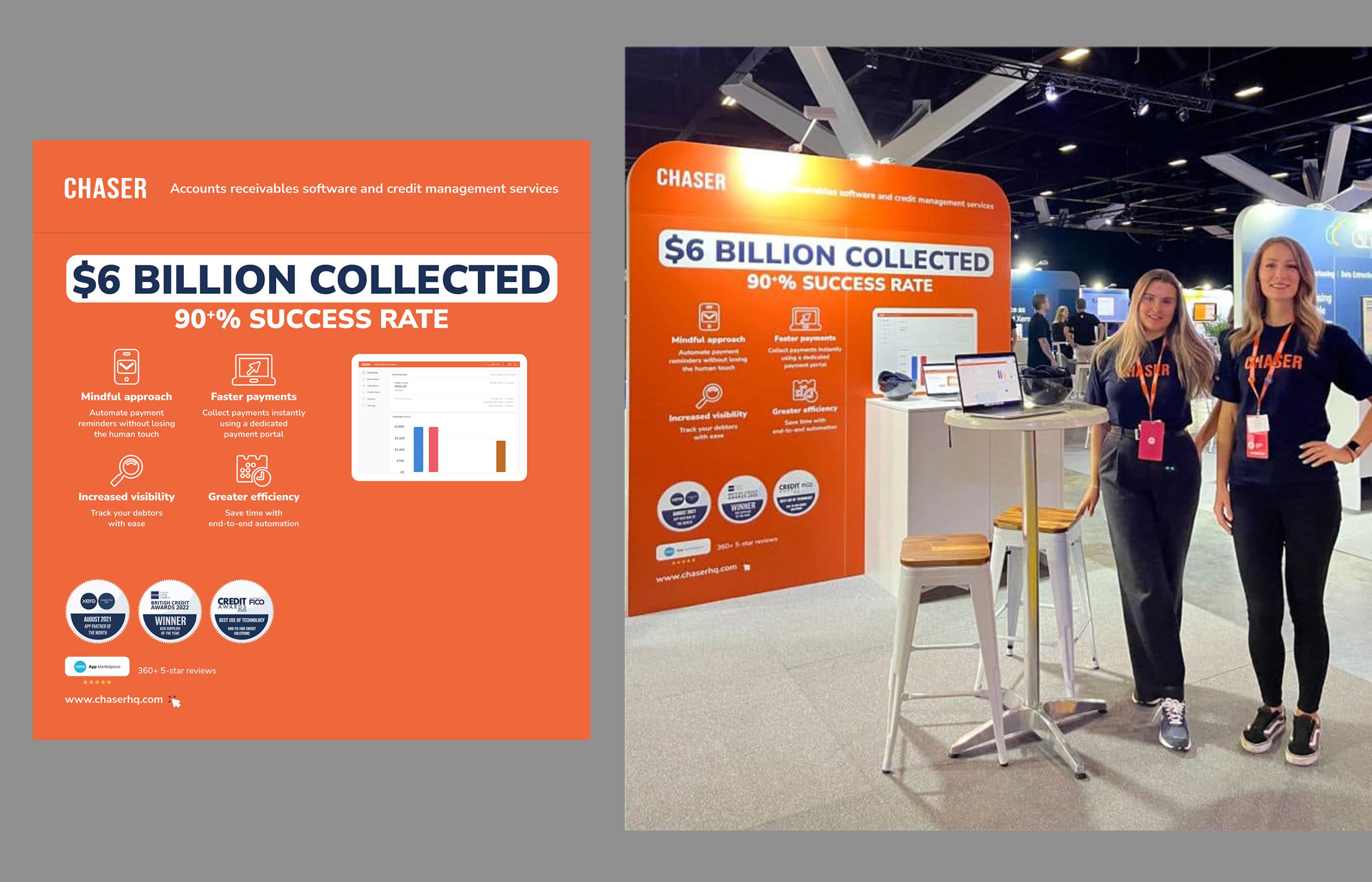 Chaser expo stand artwork beside a photo of the finished stand at a trade show