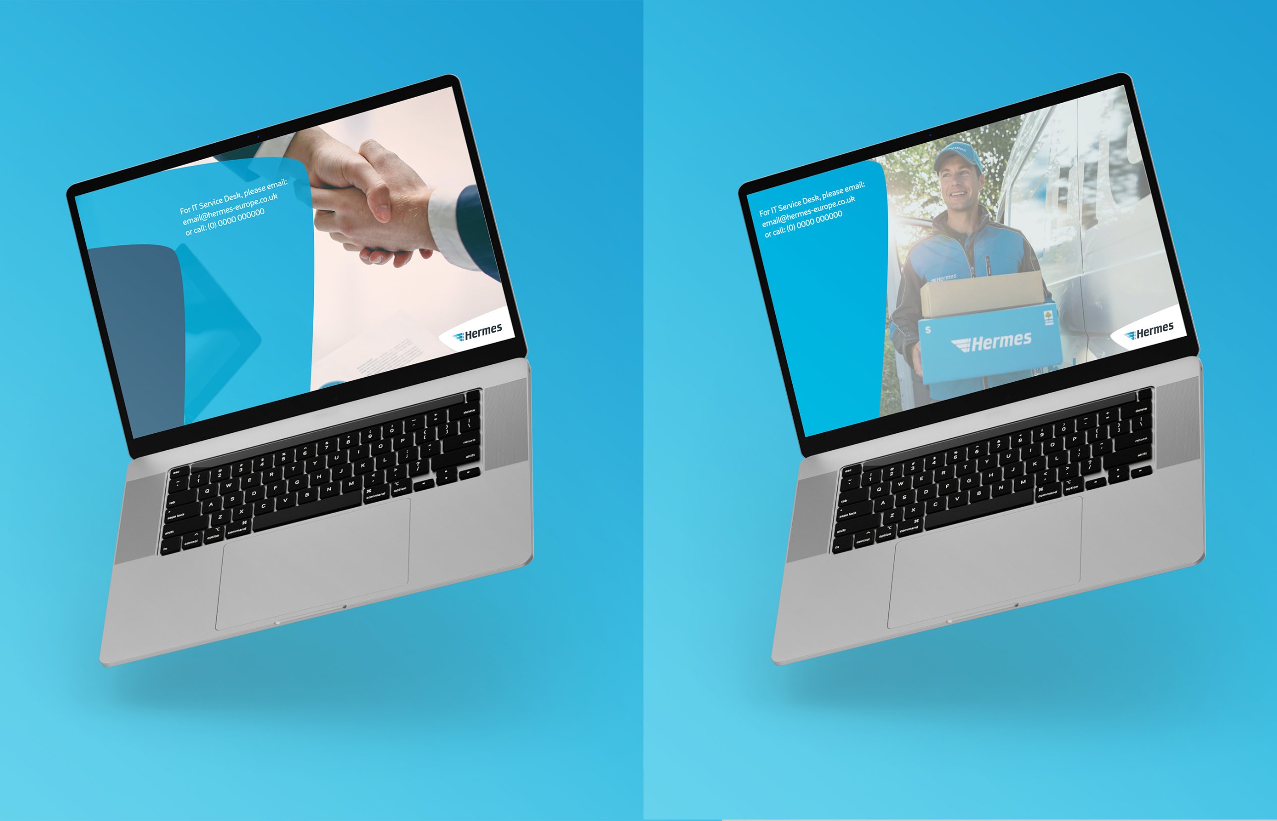 Two branded Hermes desktop wallpapers shown on laptops