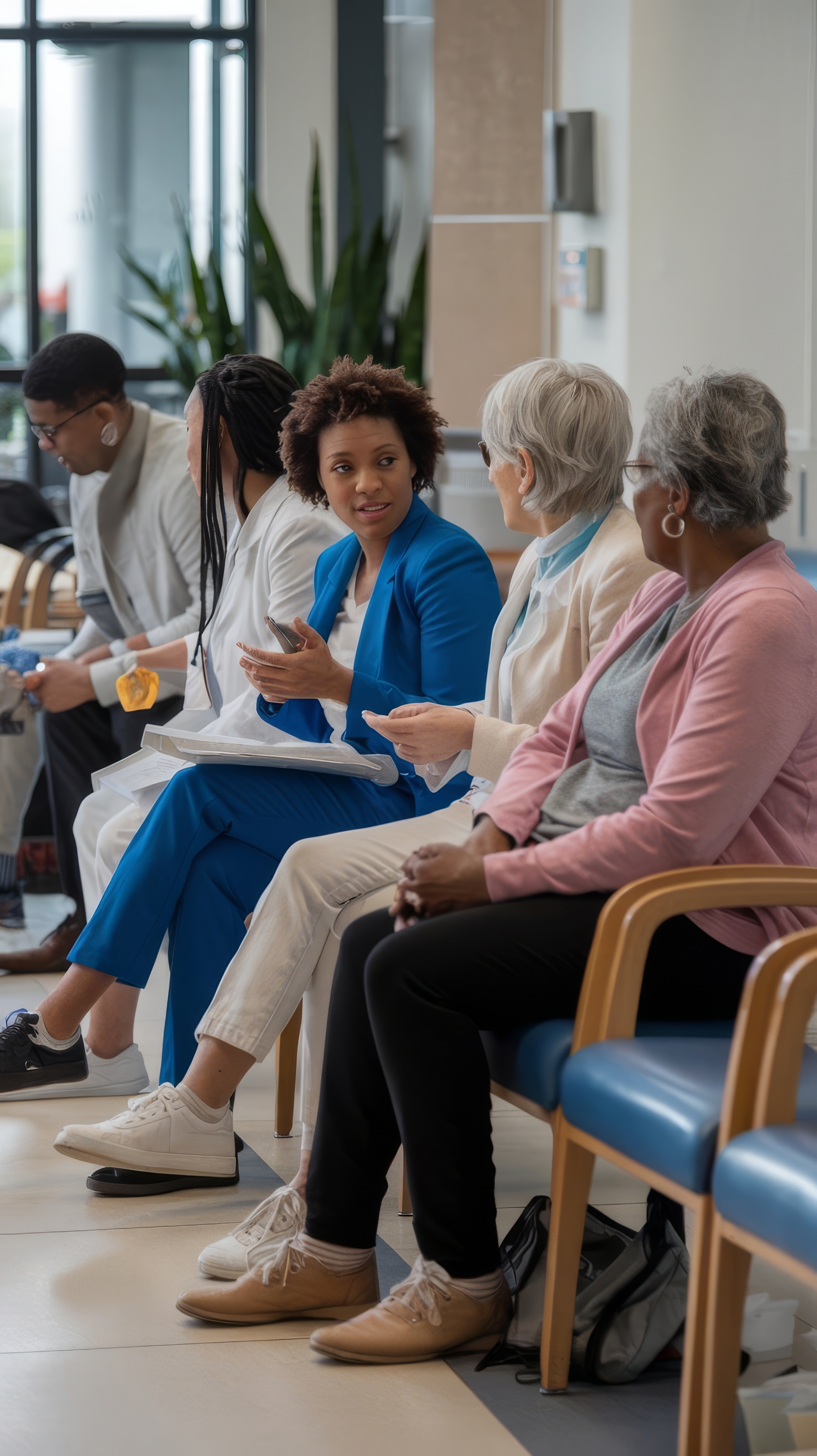 Older adults in conversation with a researcher in a community waiting area