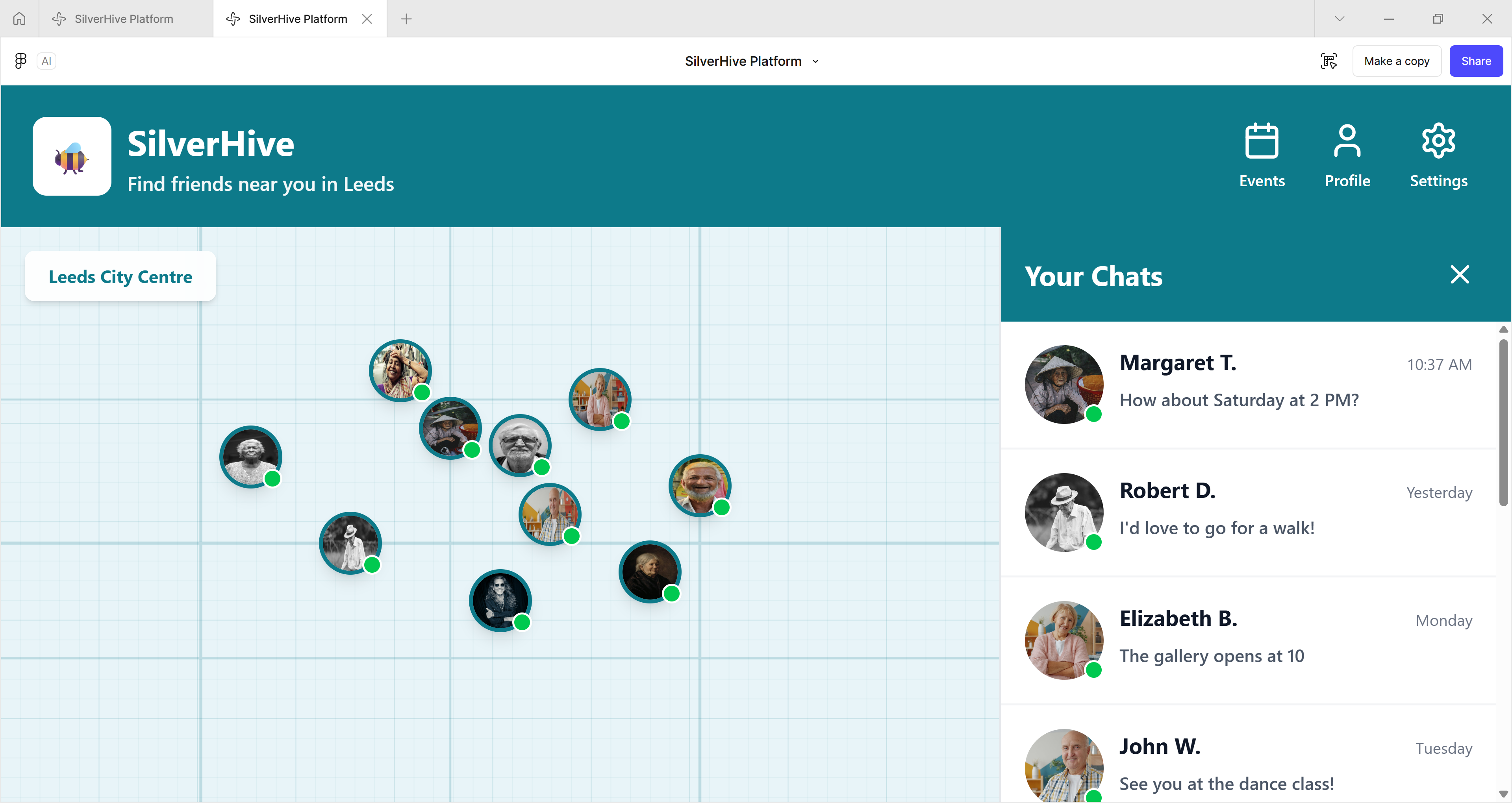 SilverHive desktop platform: a map of friends near Leeds City Centre with a Your Chats panel showing recent messages