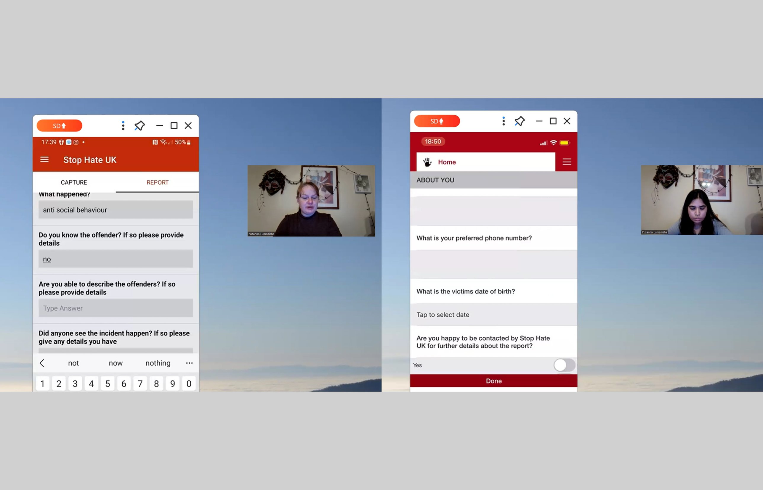 Remote usability test sessions: participants filling in the old app's report form while on a video call