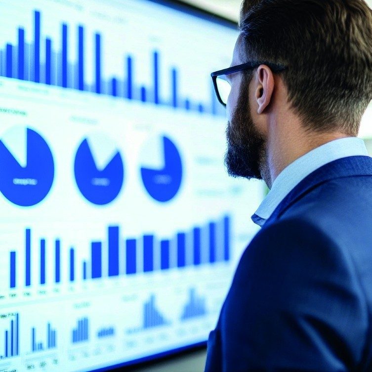 Analyst reviewing brand reputation data on a large screen