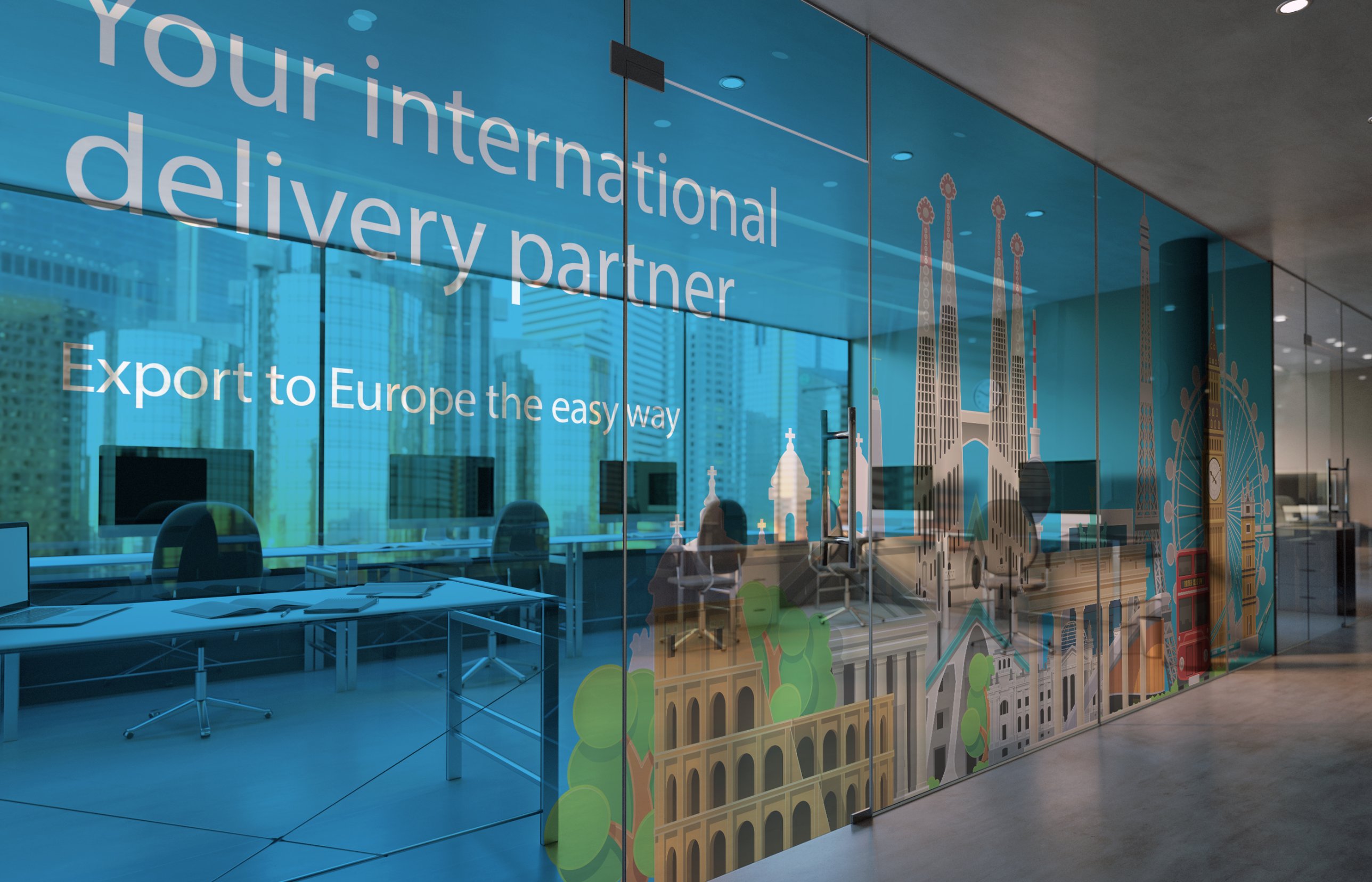 Hermes office wall graphic with European landmarks