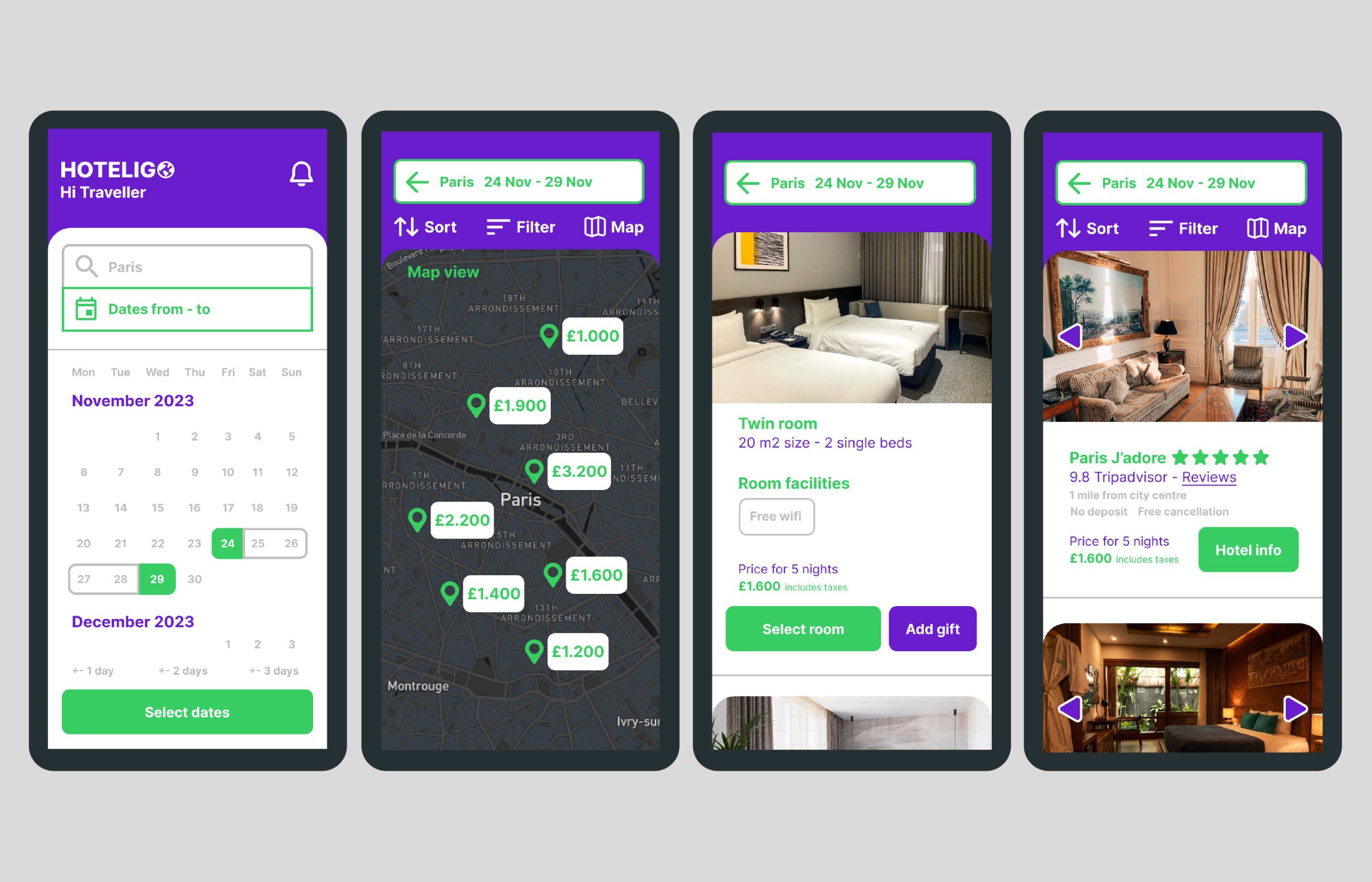 Hoteligo high-fidelity screens: single-scroll calendar, map view with prices, twin room details and hotel card with TripAdvisor score