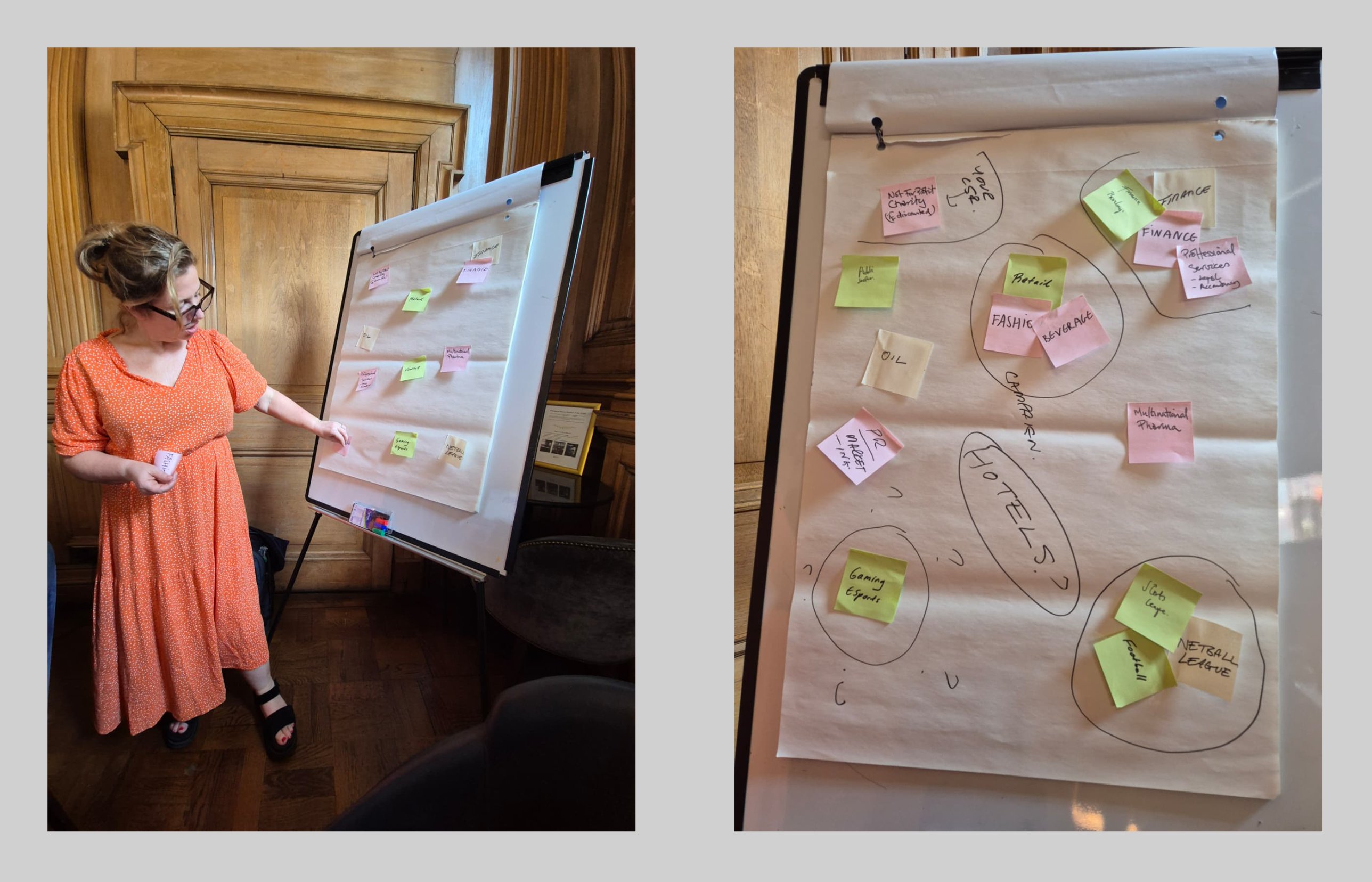Flipchart of target sectors grouped with sticky notes, including finance, retail, sport, gaming and the public sector