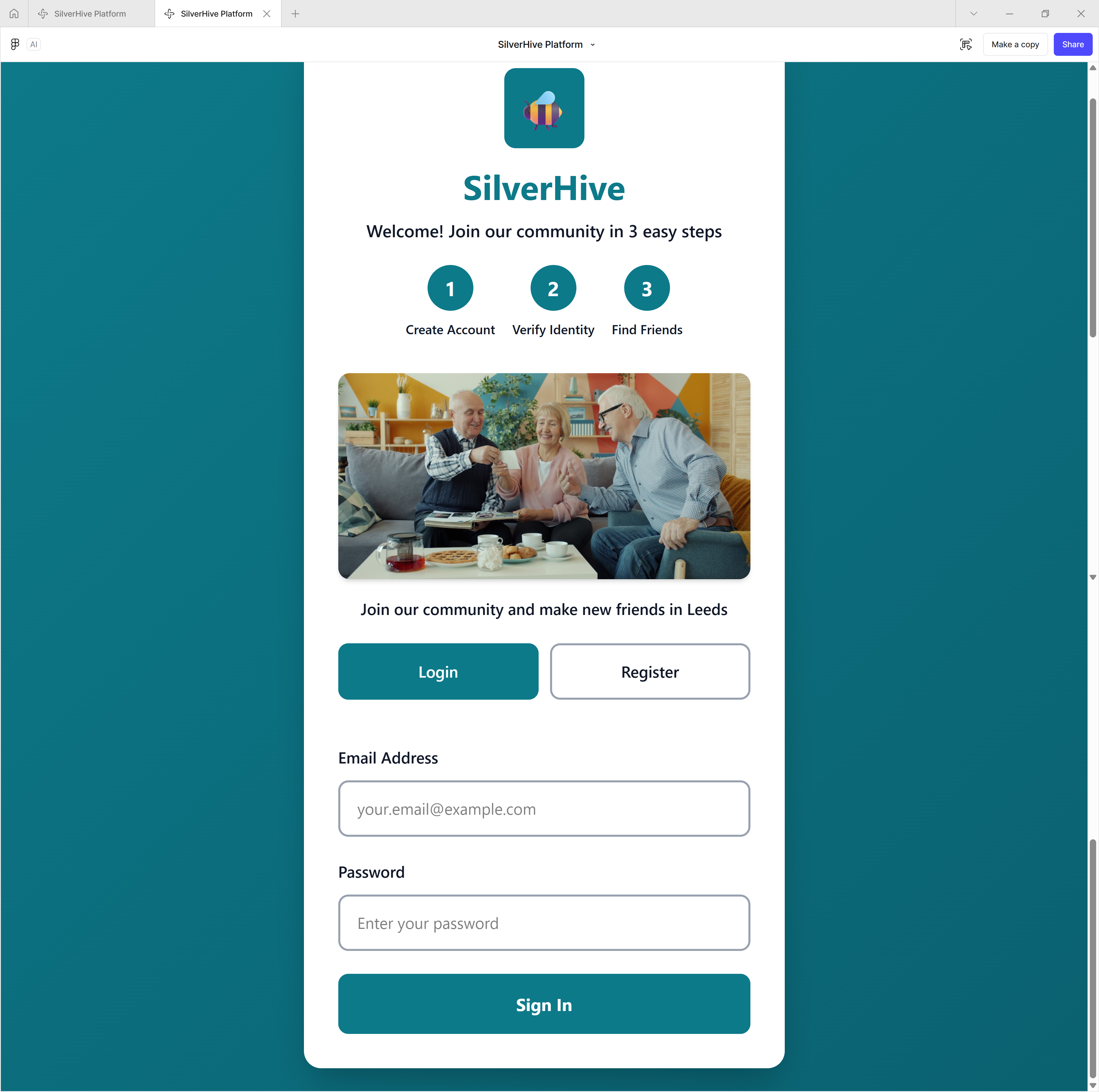 SilverHive desktop sign-up screen: Welcome! Join our community in 3 easy steps — create account, verify identity, find friends