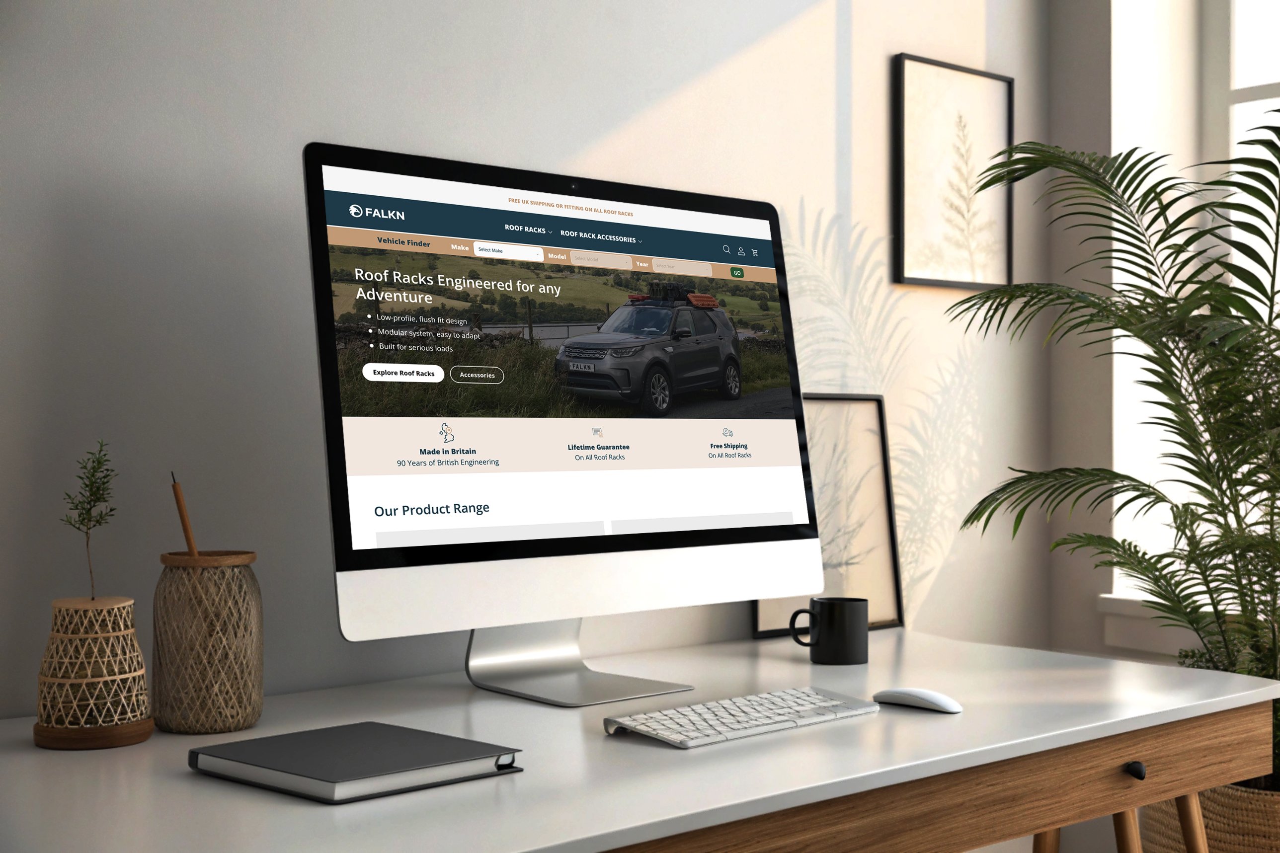FALKN roof rack e-commerce website shown on a desktop monitor