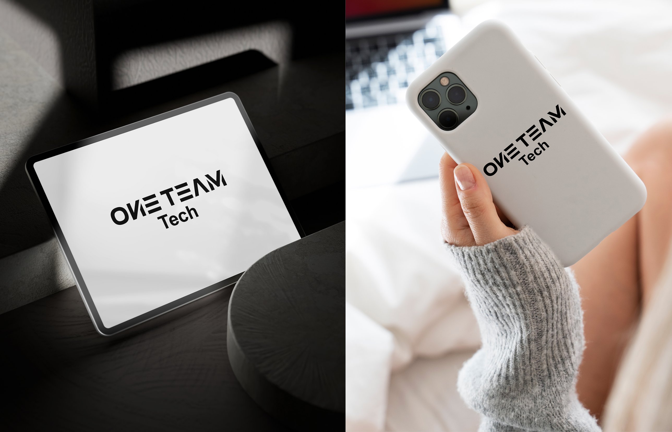 One Team Tech logo shown on a tablet screen and a phone case
