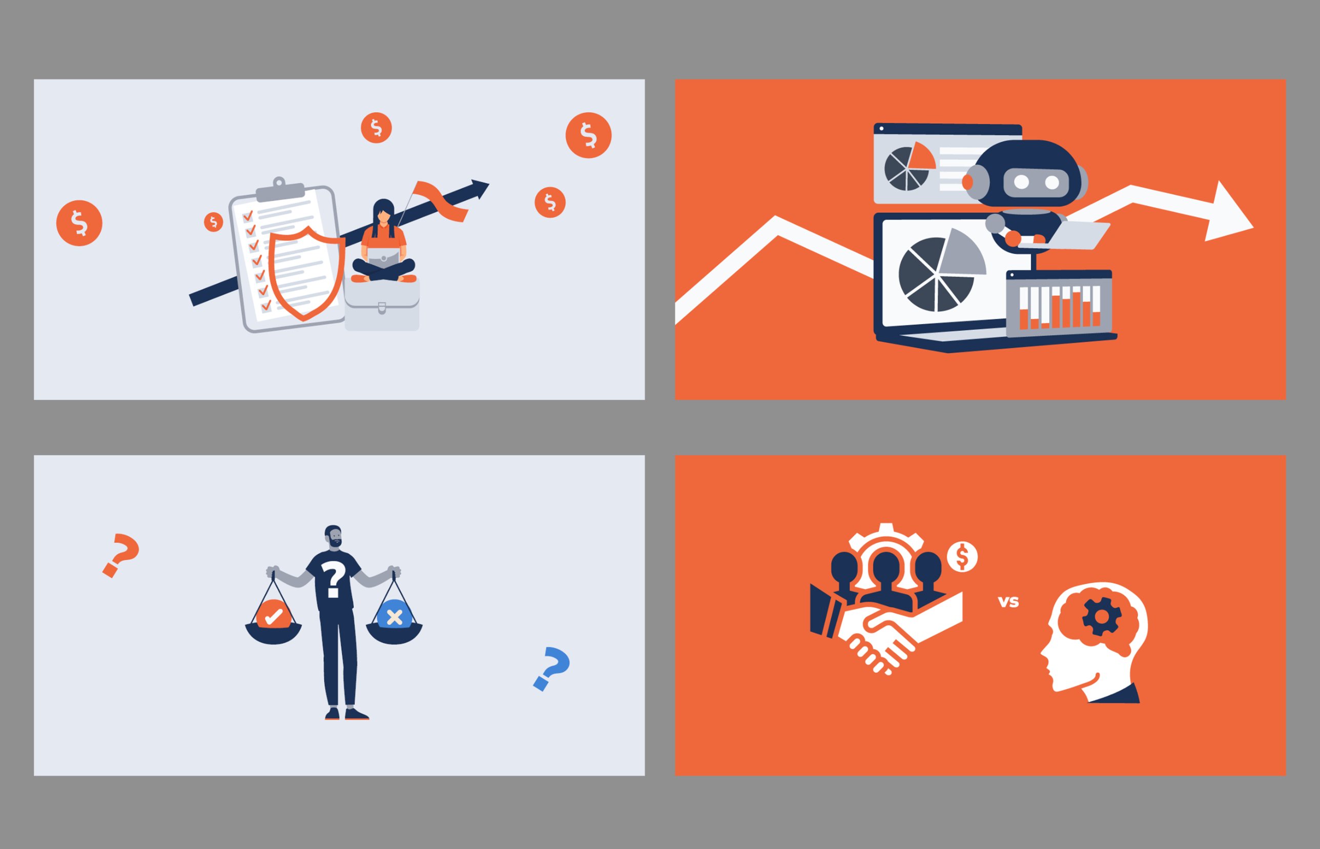 Four flat illustrations in Chaser navy and orange: compliance, automation, decision-making and teamwork