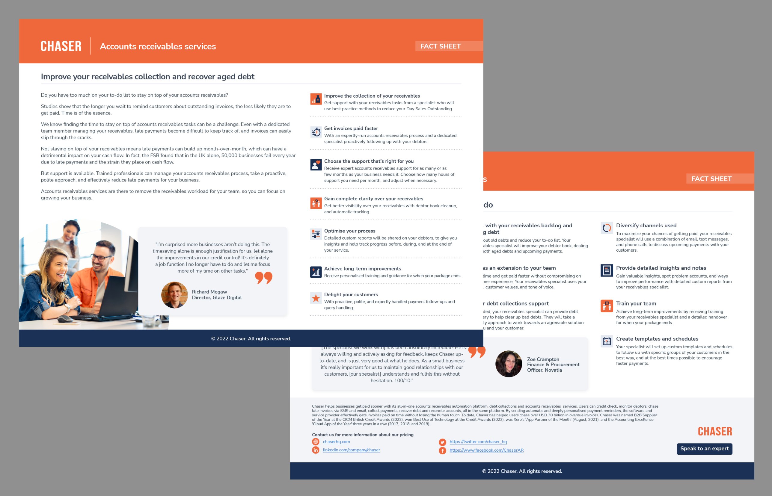 Two-page Chaser fact sheet for accounts receivables services with benefits, icons and customer quotes