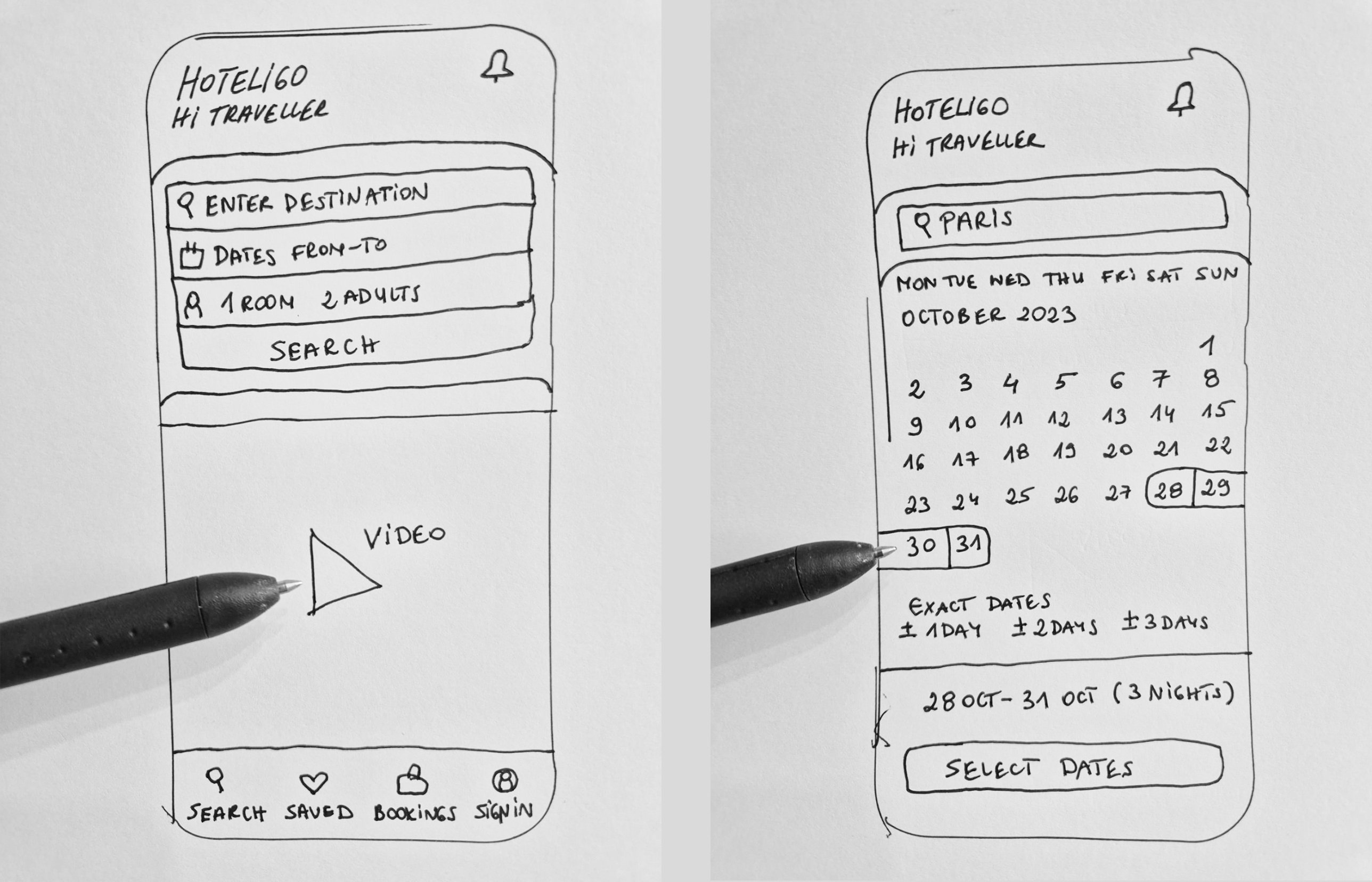 Hand-drawn sketches of the Hoteligo home screen with video banner and the calendar with flexible dates