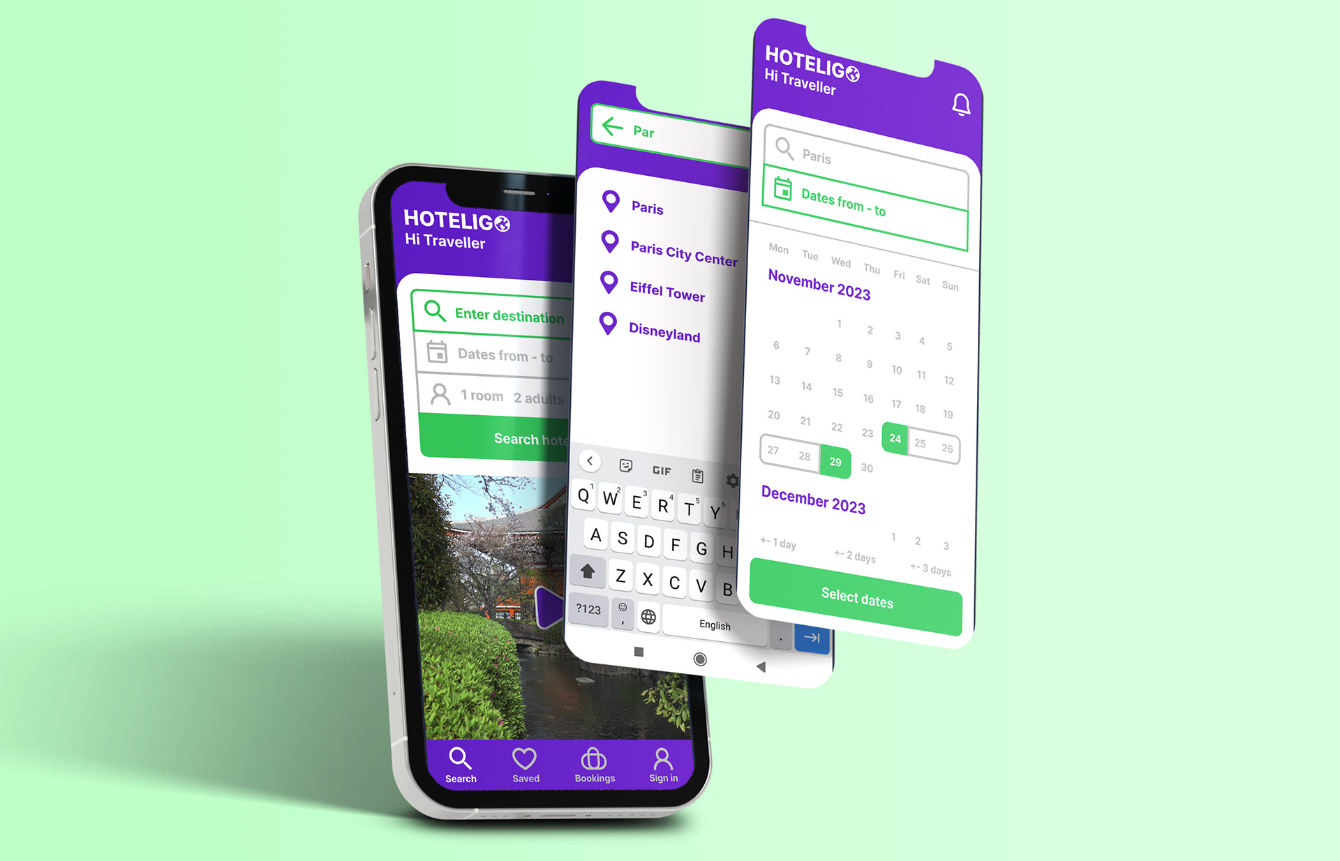 Hoteligo hotel booking app screens on three phones