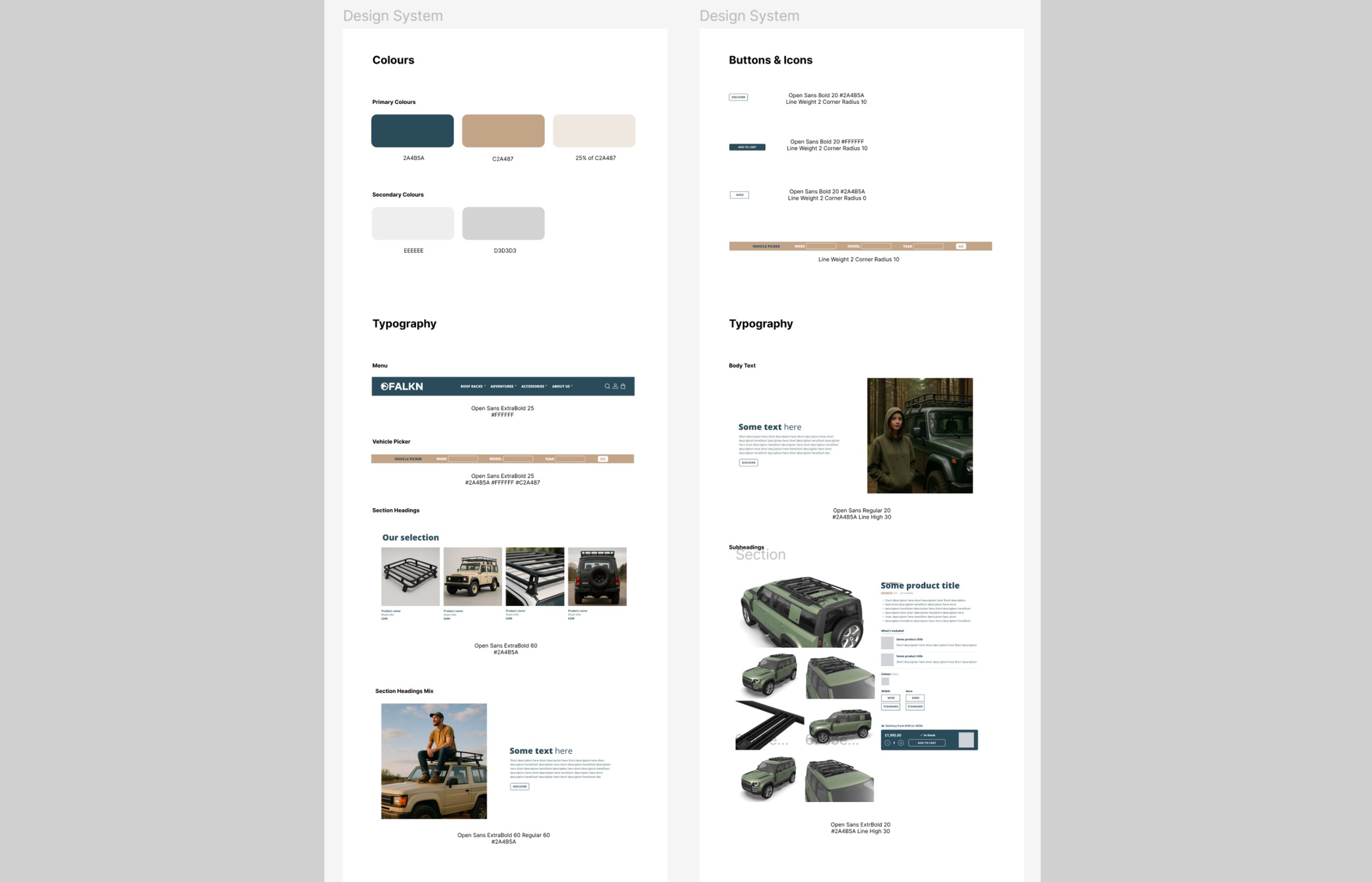 FALKN design system: primary and secondary colours, button and vehicle picker specs, and typography for menu, headings, body text and product pages