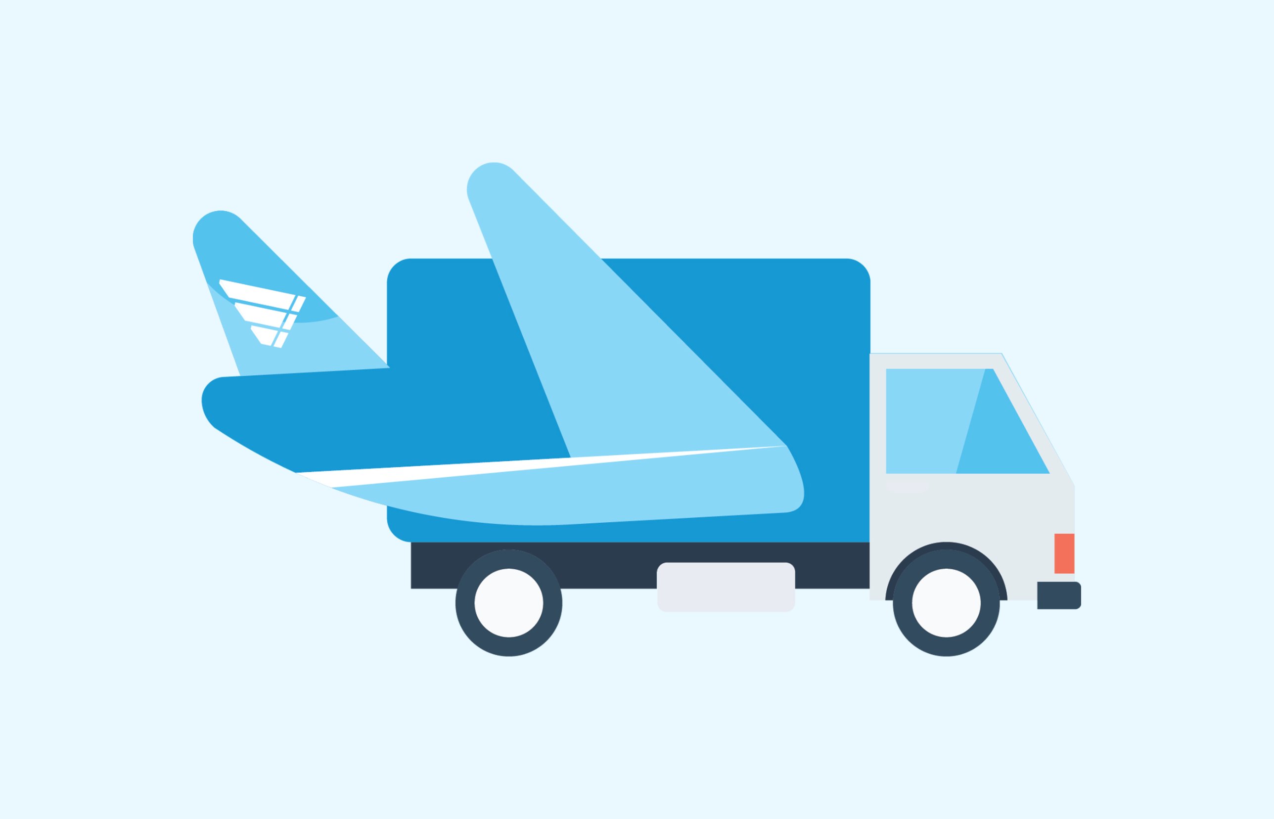 Flat illustration of a Hermes delivery truck with aeroplane wings, showing road and air delivery