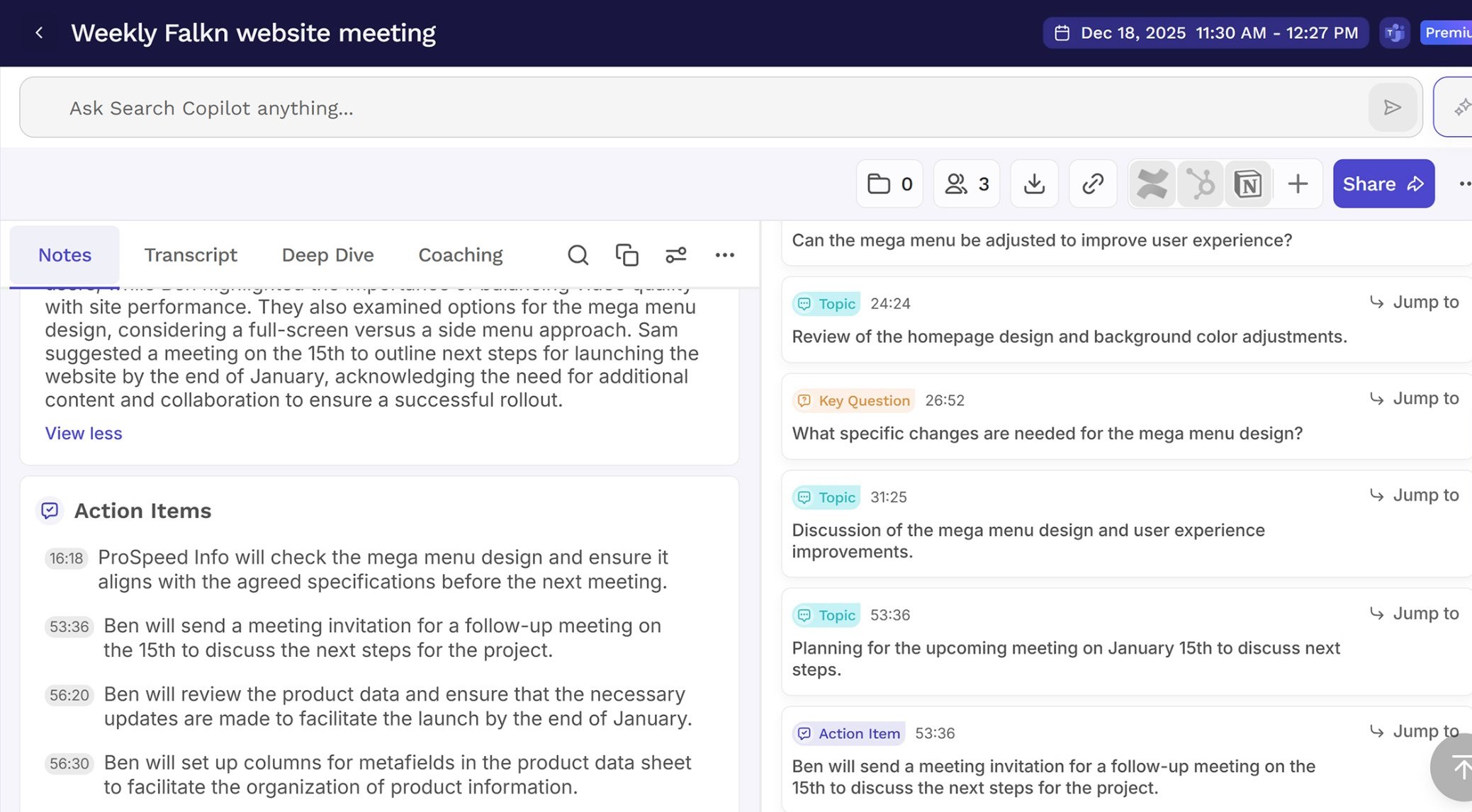 Notes from a weekly FALKN website meeting: mega menu design, homepage colour review, launch planning and action items for the team