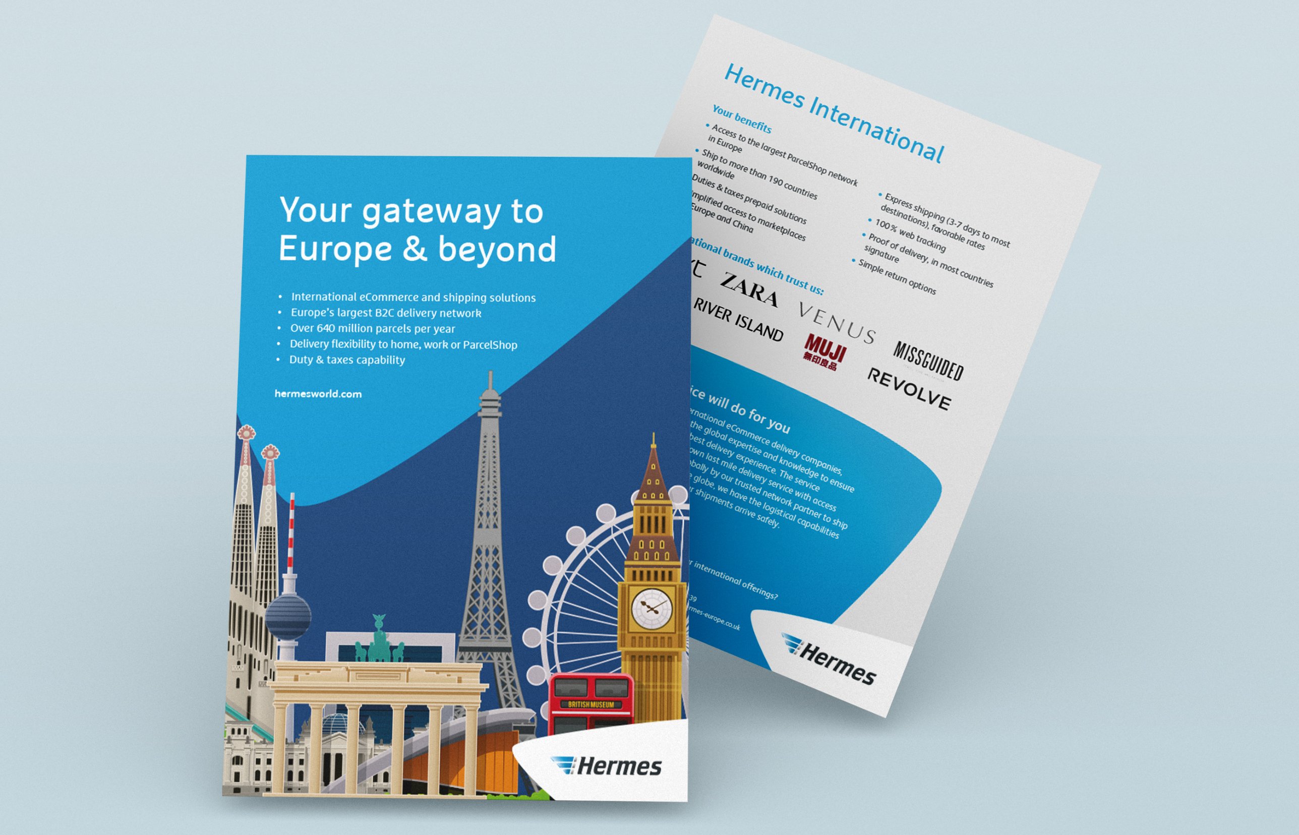 Hermes International leaflet: Your gateway to Europe and beyond, with illustrated landmarks