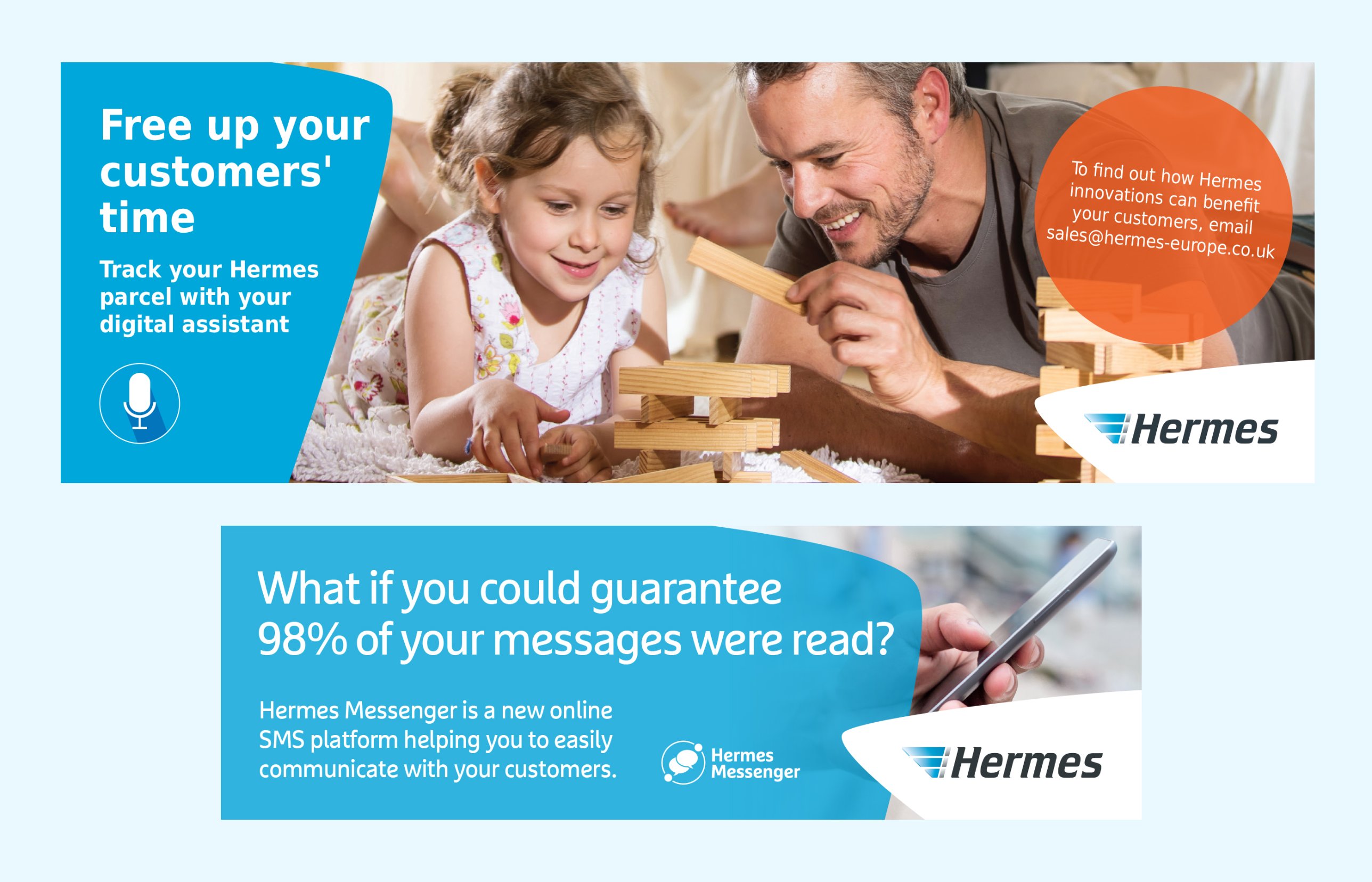 Two Hermes web banners: voice parcel tracking and Hermes Messenger SMS platform
