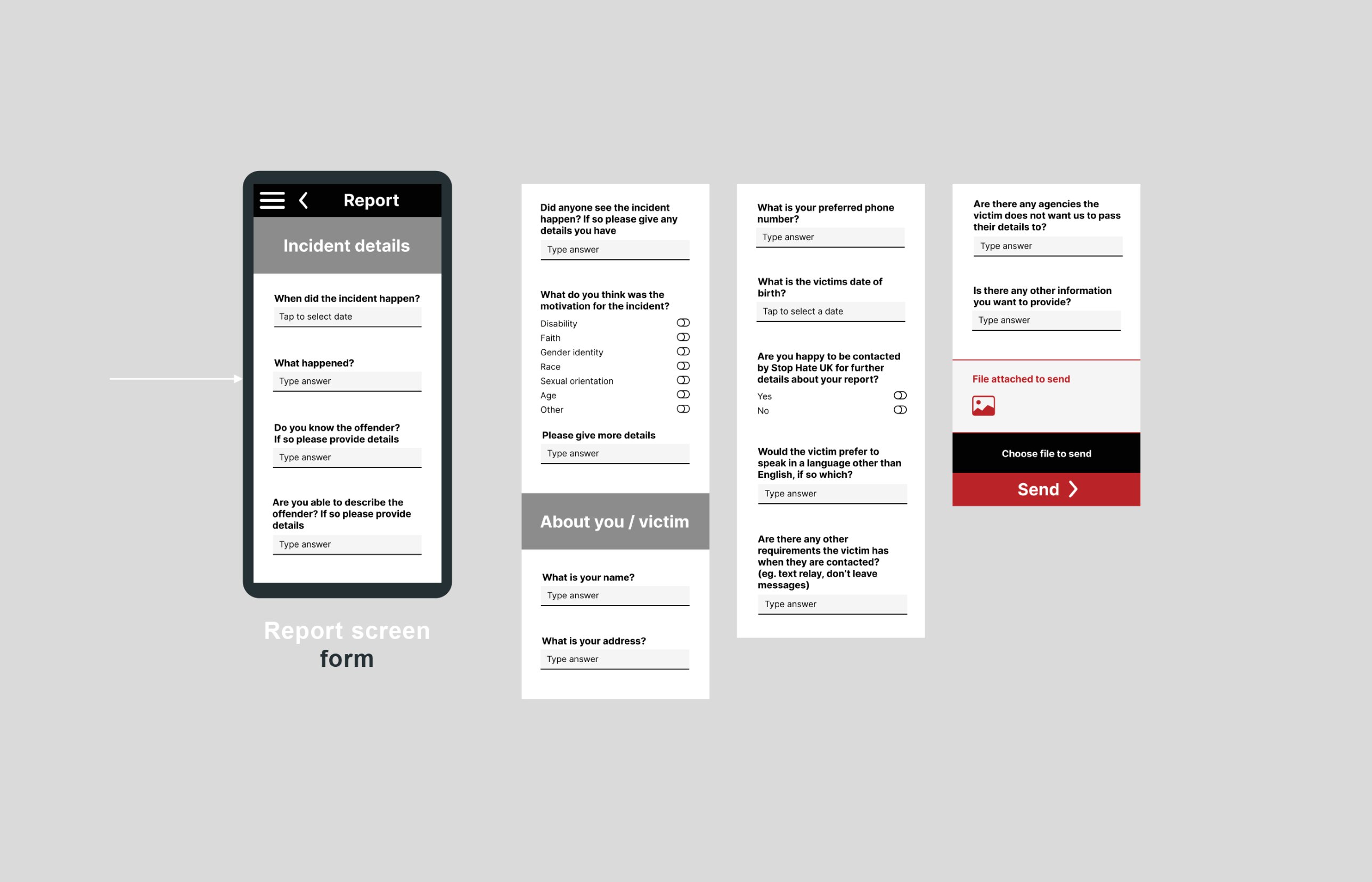 Redesigned report form split into Incident details and About you sections, ending with file attach and Send