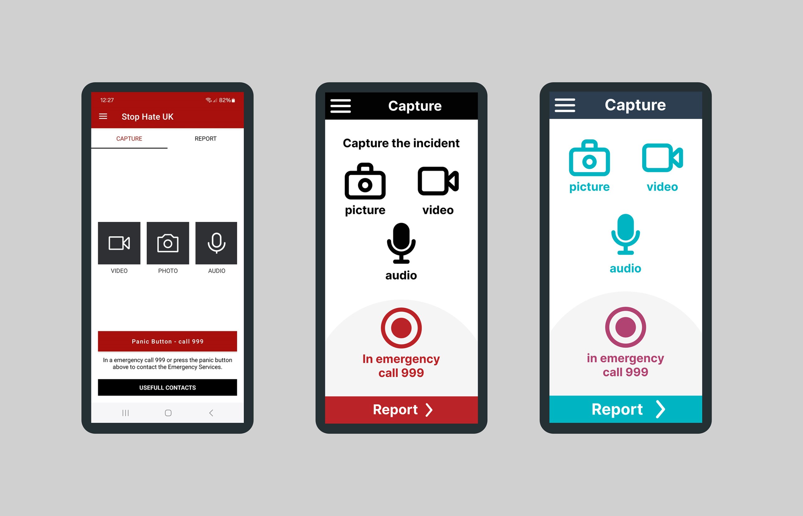 A/B test of the capture screen: the old app beside two new colour variants, red and teal
