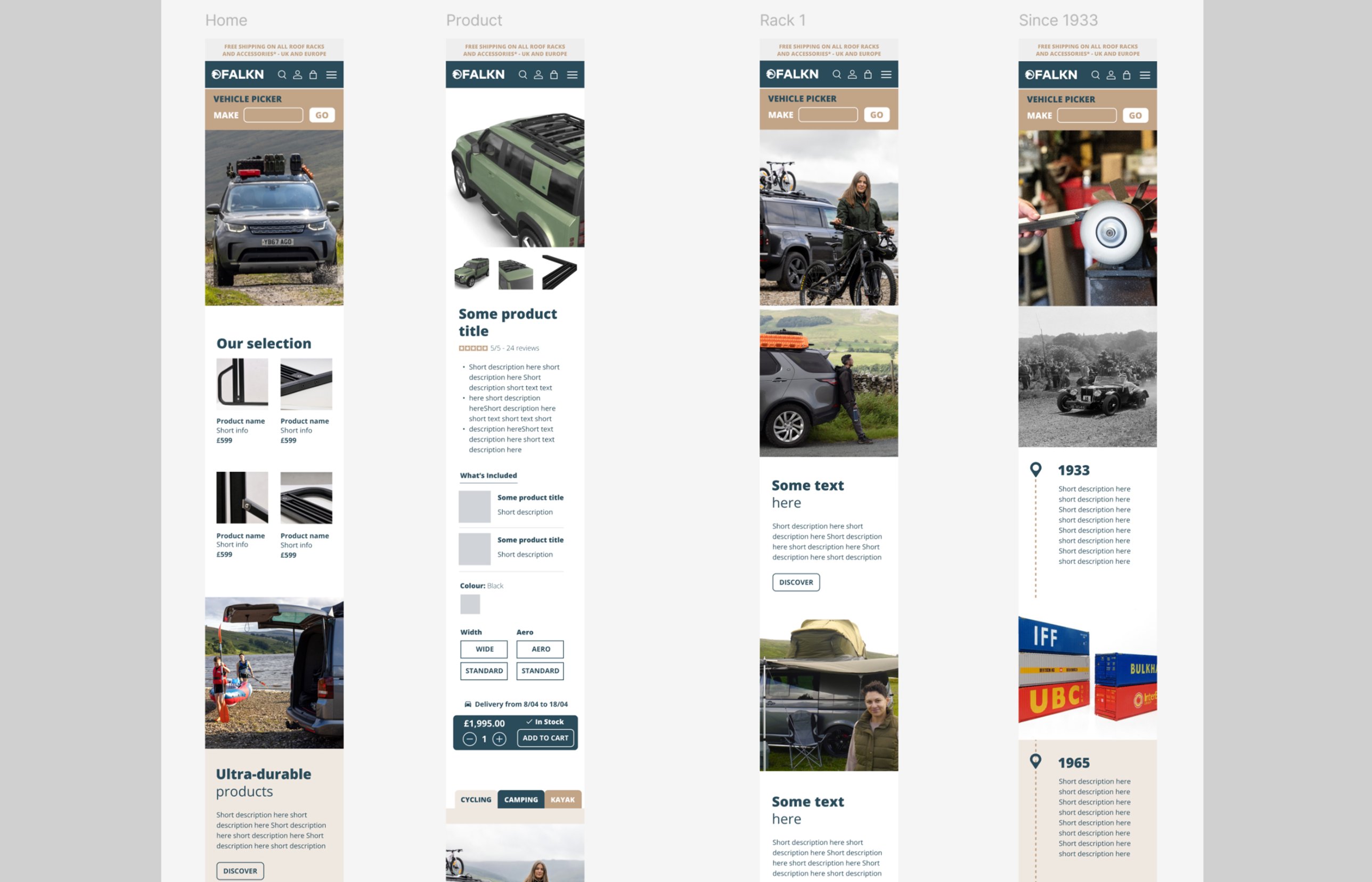 FALKN mobile page designs: home, product page with configurator and add to cart, rack listing and heritage timeline