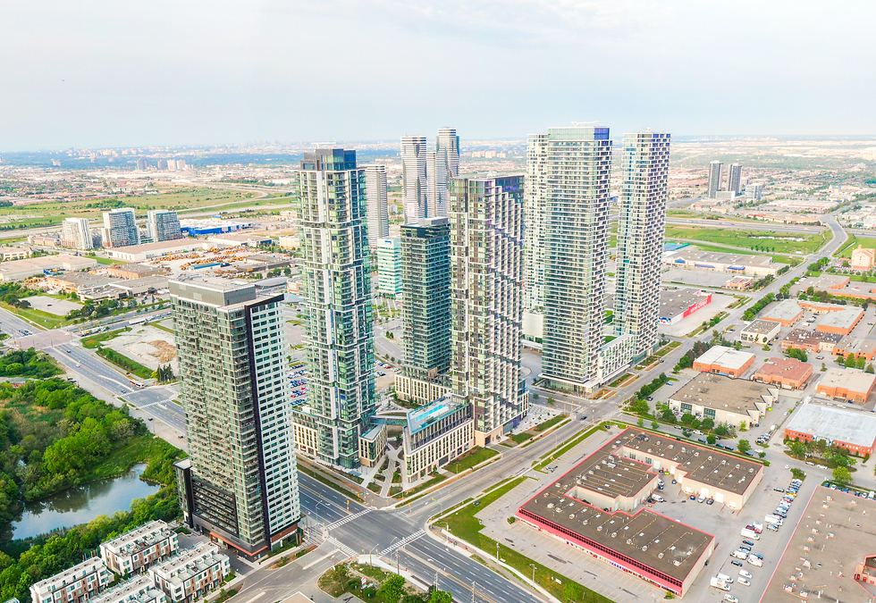 Aerial view of completed Transit City Condos in Vaughan, part of a major high-rise residential development supported by JCL Concrete Pumping.